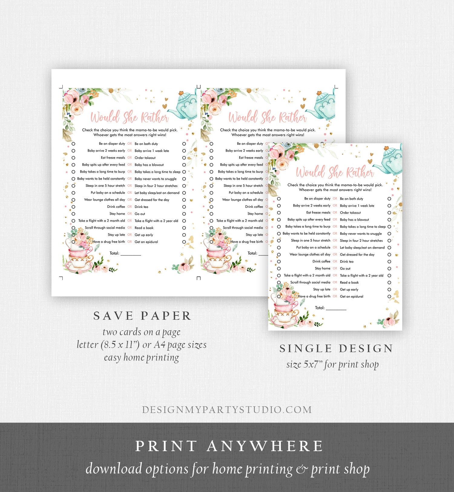 Editable Would She Rather Baby Shower Game Greenery Tea Party Baby is Brewing Pink Rustic Watercolor Guess Corjl Template Printable 0349