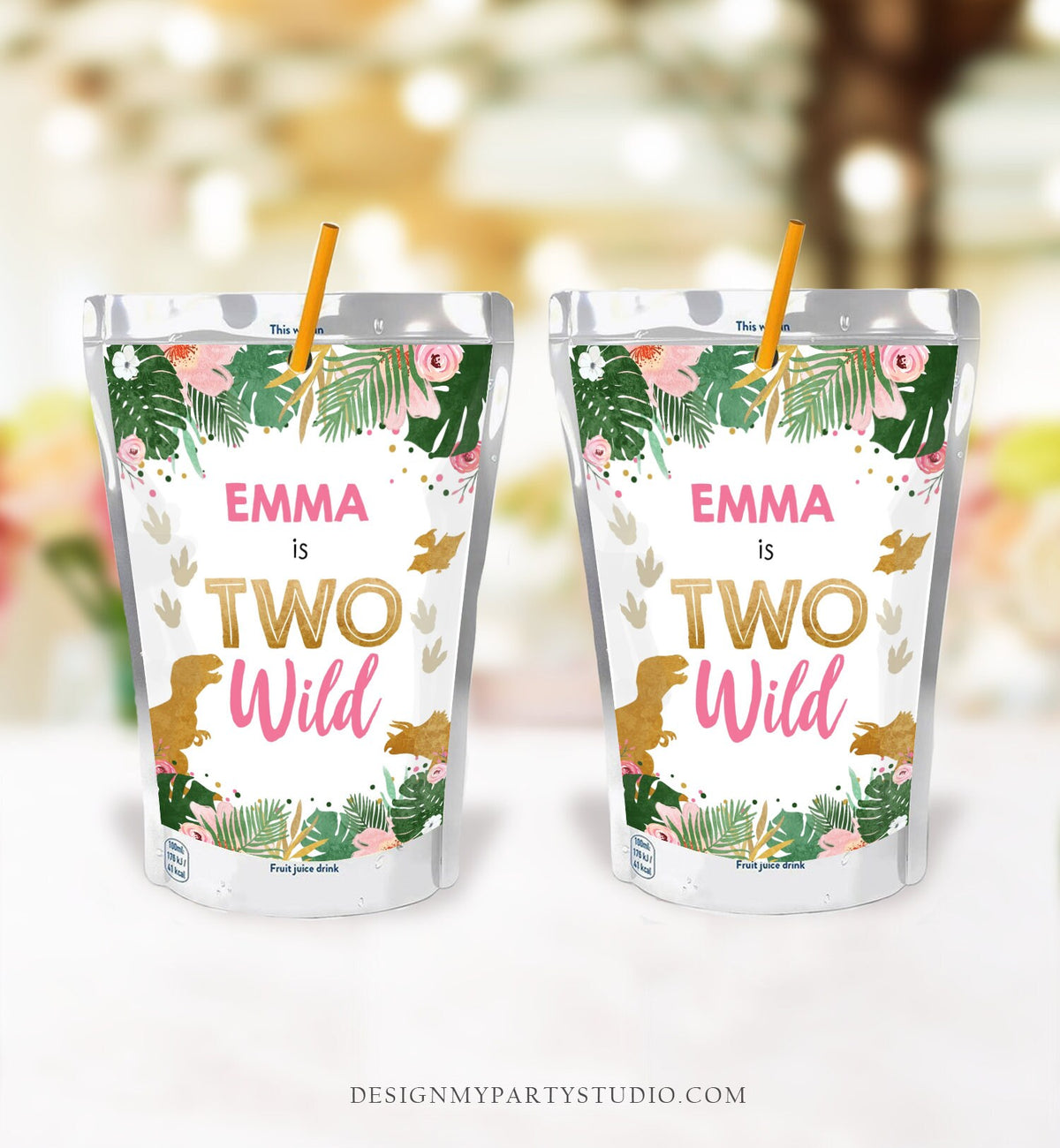 Editable Two Wild Dinosaur Juice Pouch Label Juice Favors Gold Dino Girl Birthday T-Rex Dinosaur Digital Download Template Printable 0146