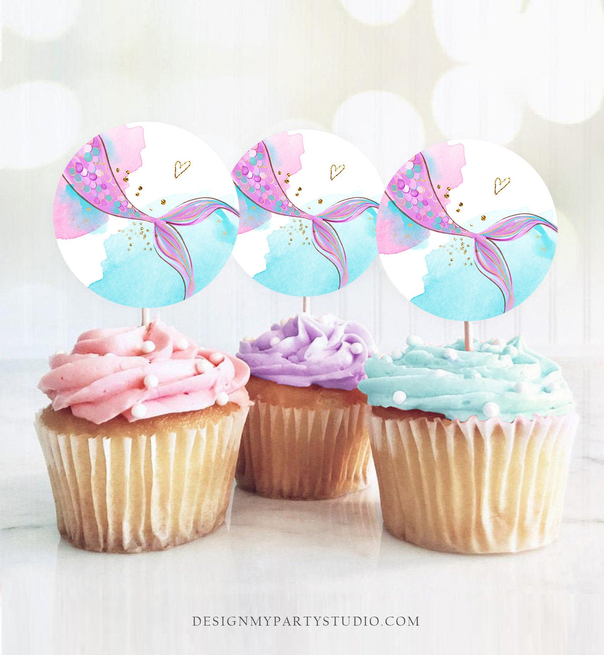 Mermaid Birthday Cupcake Toppers Mermaid Favor Tags Mermaid Birthday Under The Sea Girl Pink Purple Gold Stickers Digital PRINTABLE 0403