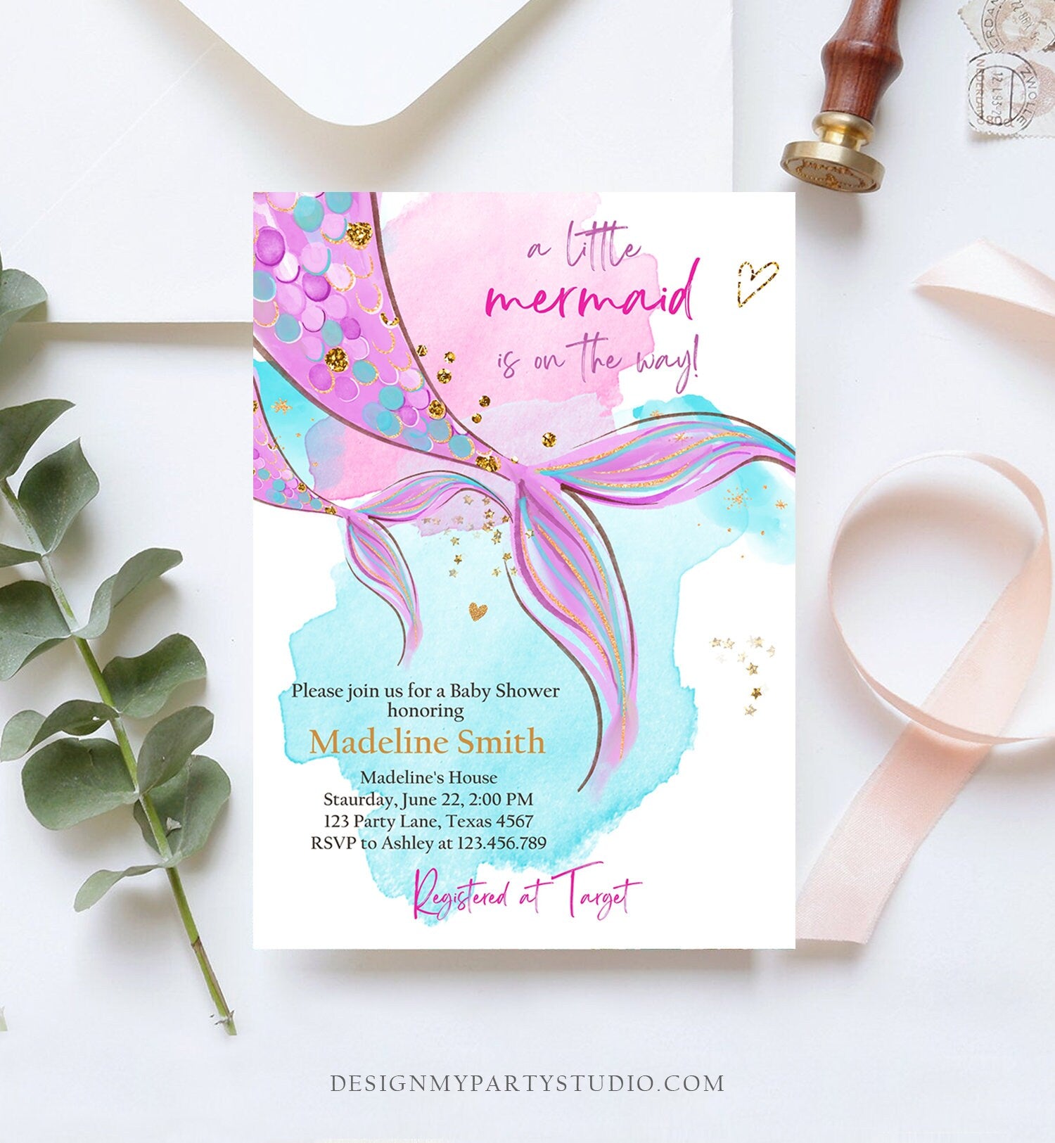 Editable Mermaid Baby Shower Invitation Little Mermaid Girl Under The Sea Baby Shower Pink Purple Download Printable Template Corjl 0403