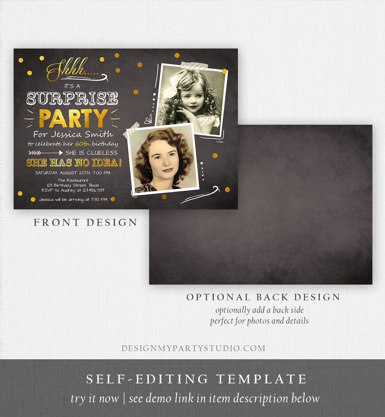 Editable 60th Surprise Birthday Party Invitation ANY AGE Gold Chalk Rustic Adult Photos Vintage Platinum Jubilee Anniversary Corjl Template