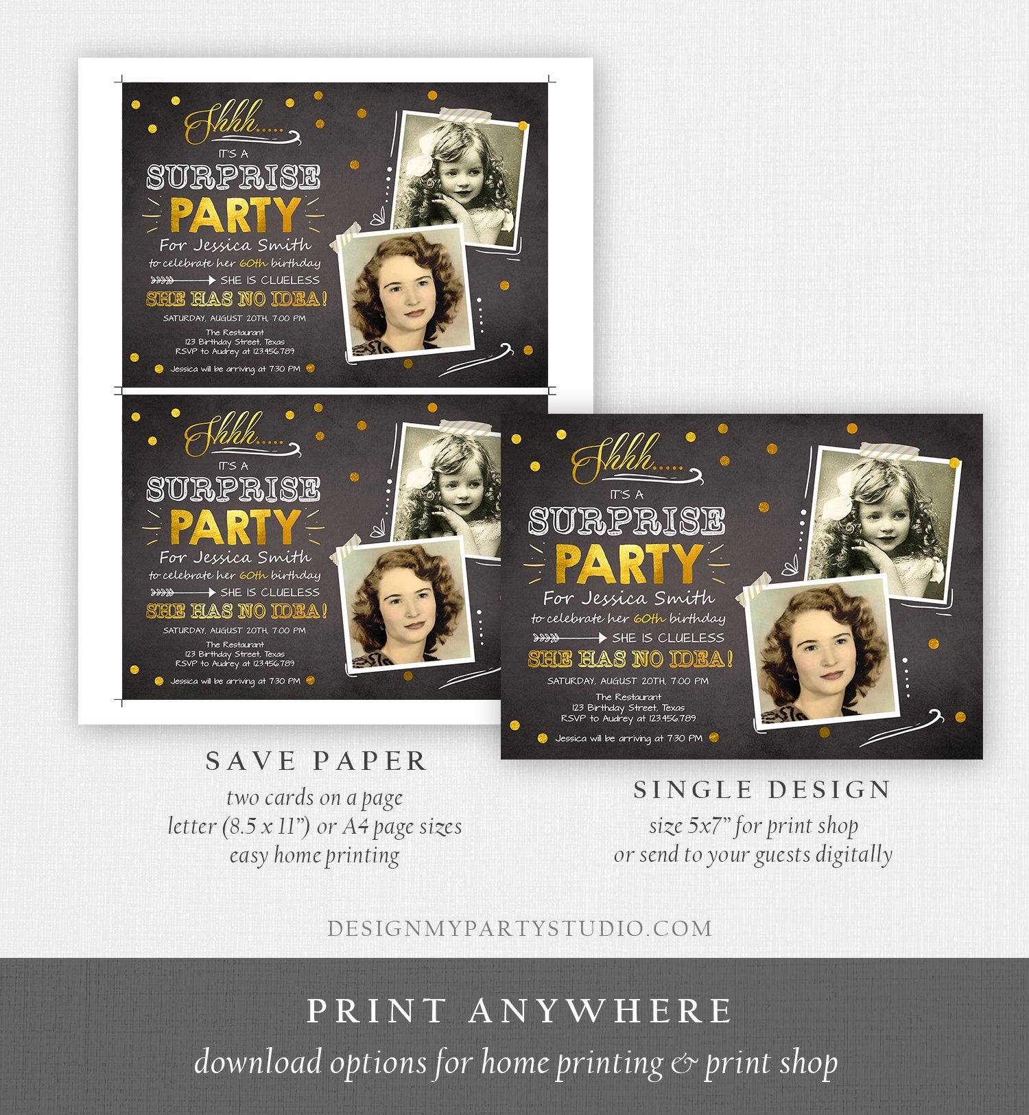 Editable 60th Surprise Birthday Party Invitation ANY AGE Gold Chalk Rustic Adult Photos Vintage Platinum Jubilee Anniversary Corjl Template