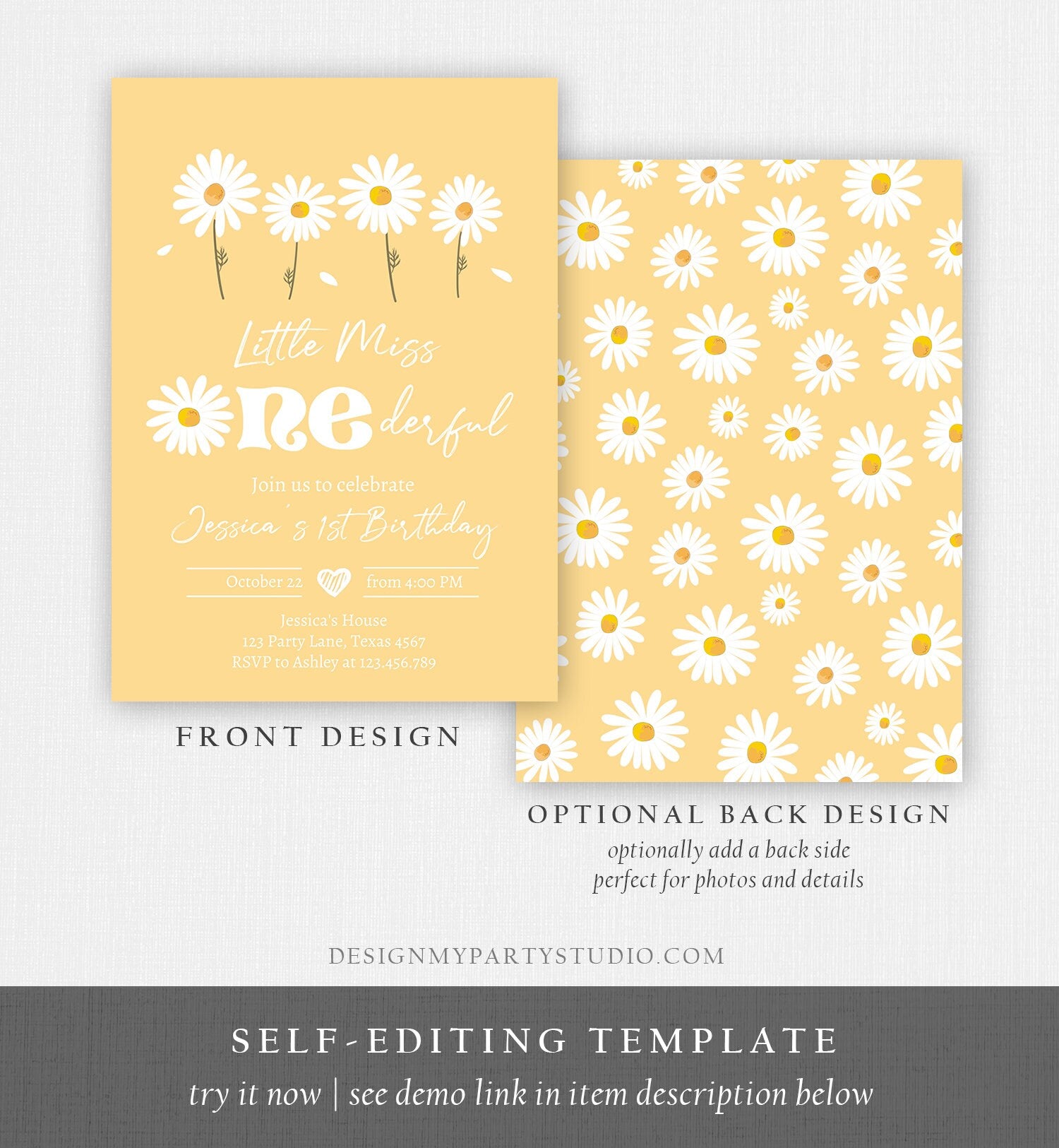 Editable Daisy Birthday Invitation Little Miss Onederful Birthday 1st Girl Floral Boho Yellow Download Printable Template Corjl Digital 0410