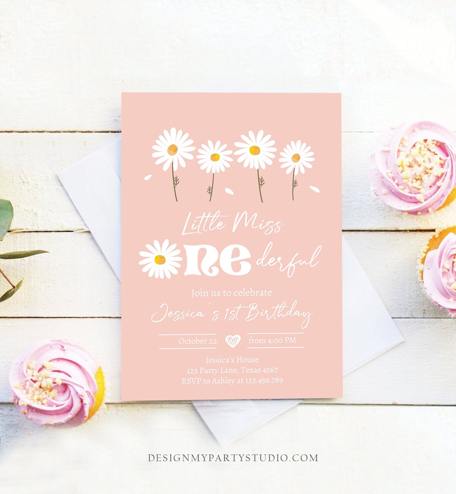 Editable Daisy Birthday Invitation Little Miss Onederful Birthday 1st Girl Floral Boho Pink Download Printable Template Corjl Digital 0410