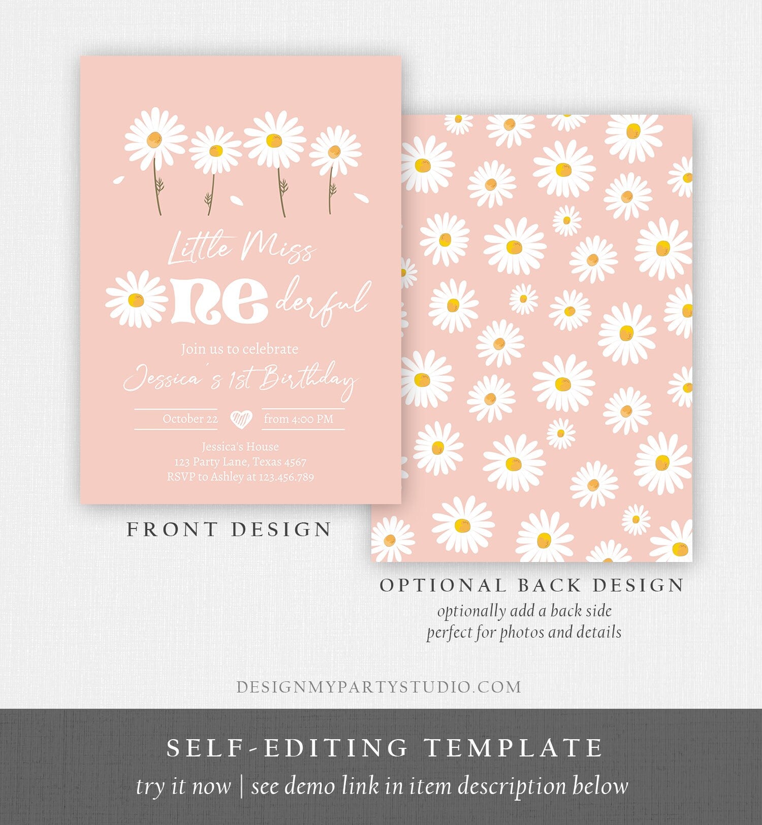 Editable Daisy Birthday Invitation Little Miss Onederful Birthday 1st Girl Floral Boho Pink Download Printable Template Corjl Digital 0410