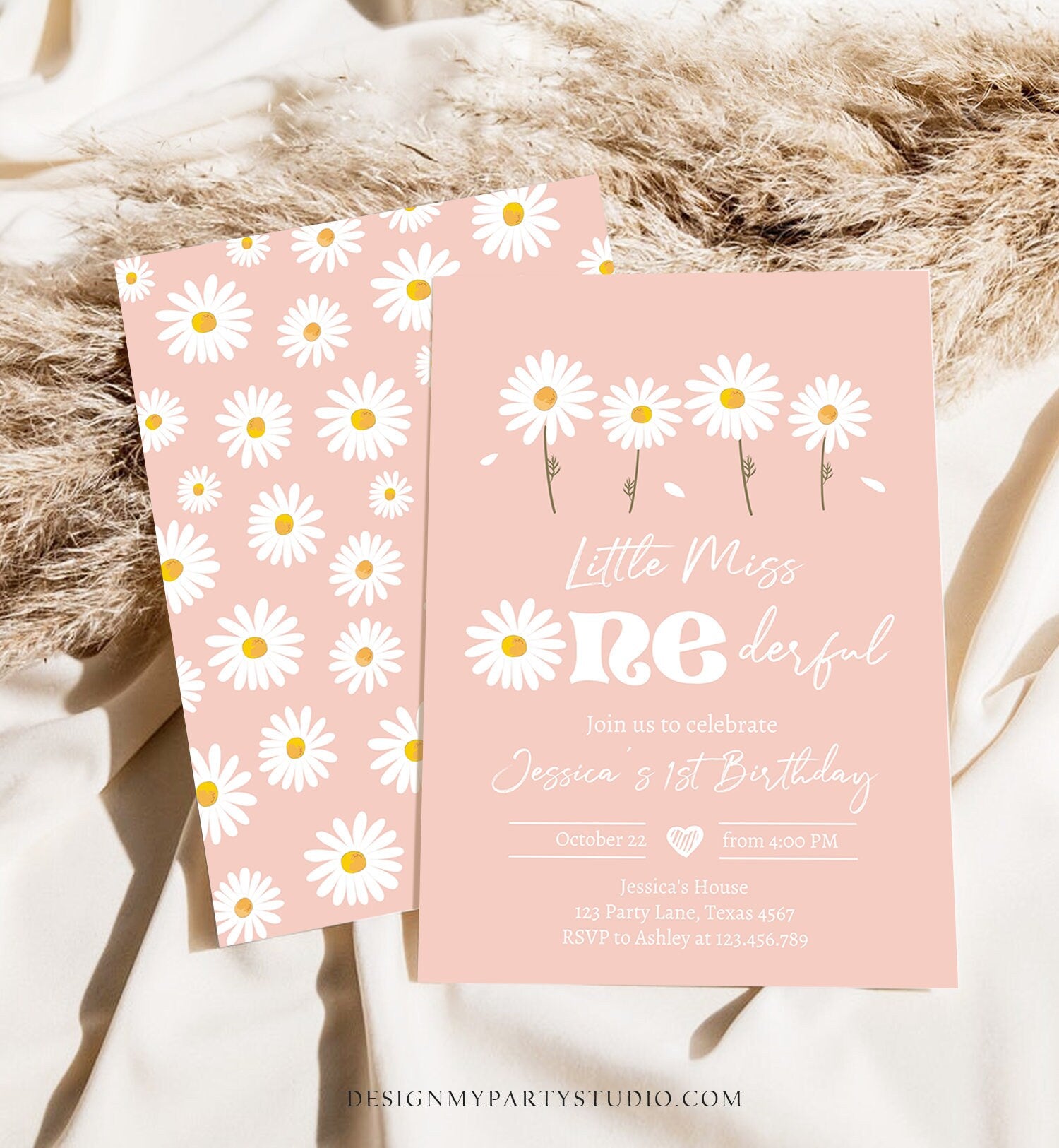 Editable Daisy Birthday Invitation Little Miss Onederful Birthday 1st Girl Floral Boho Pink Download Printable Template Corjl Digital 0410