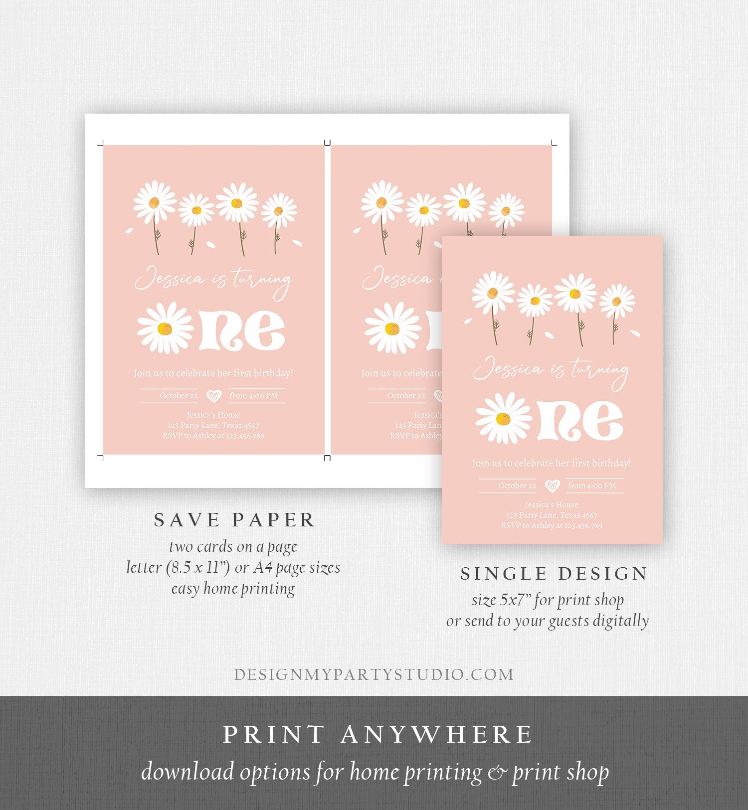 Editable Daisy Birthday Party Invitation 1st Birthday One Party Bohemian Girl Boho Pink First Digital Download Template Printable 0410