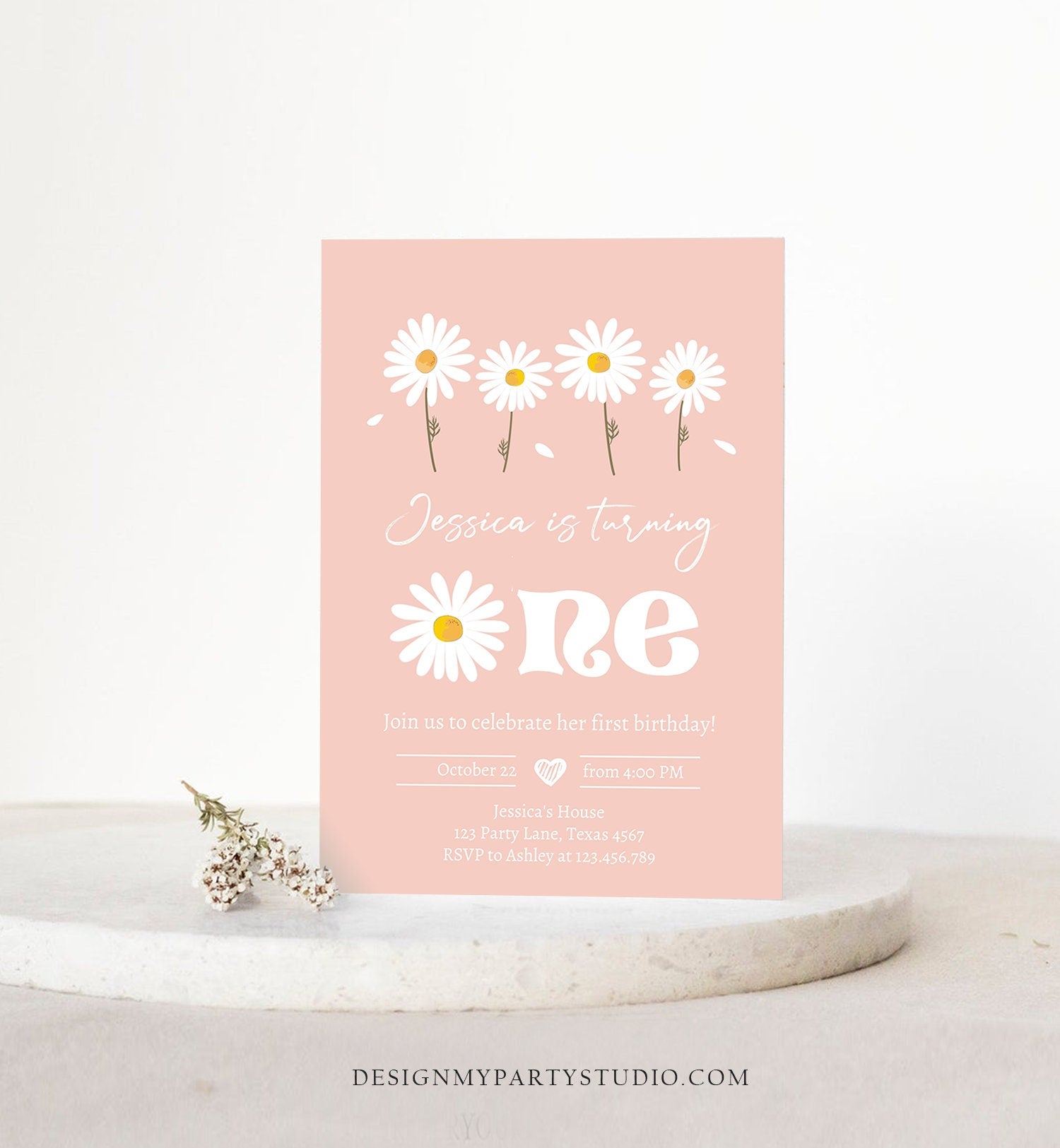 Editable Daisy Birthday Party Invitation 1st Birthday One Party Bohemian Girl Boho Pink First Digital Download Template Printable 0410