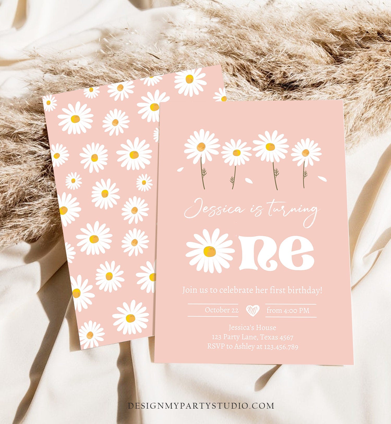 Editable Daisy Birthday Party Invitation 1st Birthday One Party Bohemian Girl Boho Pink First Digital Download Template Printable 0410