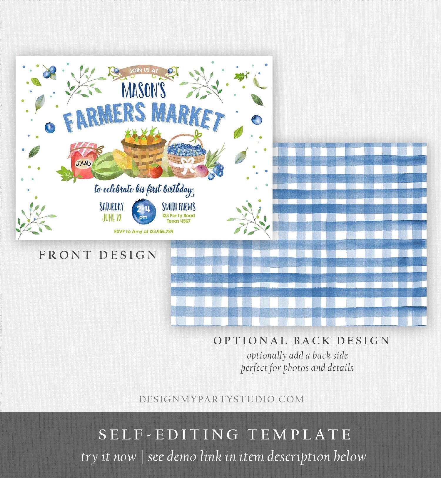 Editable Farmers Market Birthday Invitation Blueberry Strawberry Farm Party Fruits Market Home Grown Corjl Template Printable 0144