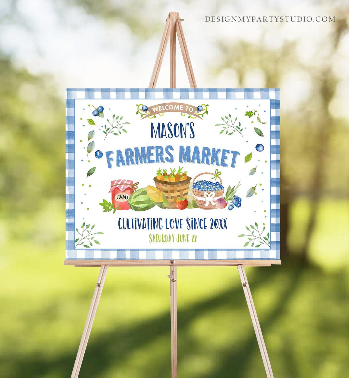 Editable Farmers Market Welcome Sign Blueberry Birthday Baby Shower Farm Party Fruits Market Locally Grown Boy Download Corjl Template 0144