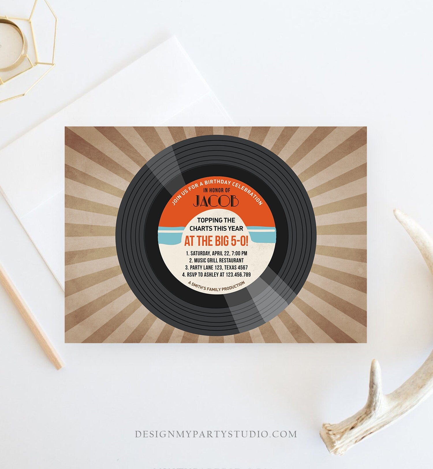 Editable Adult Birthday Invitation Vintage Vinyl Record Invite Oldies Surprise Birthday Download Printable Invitation Template Corjl 0294