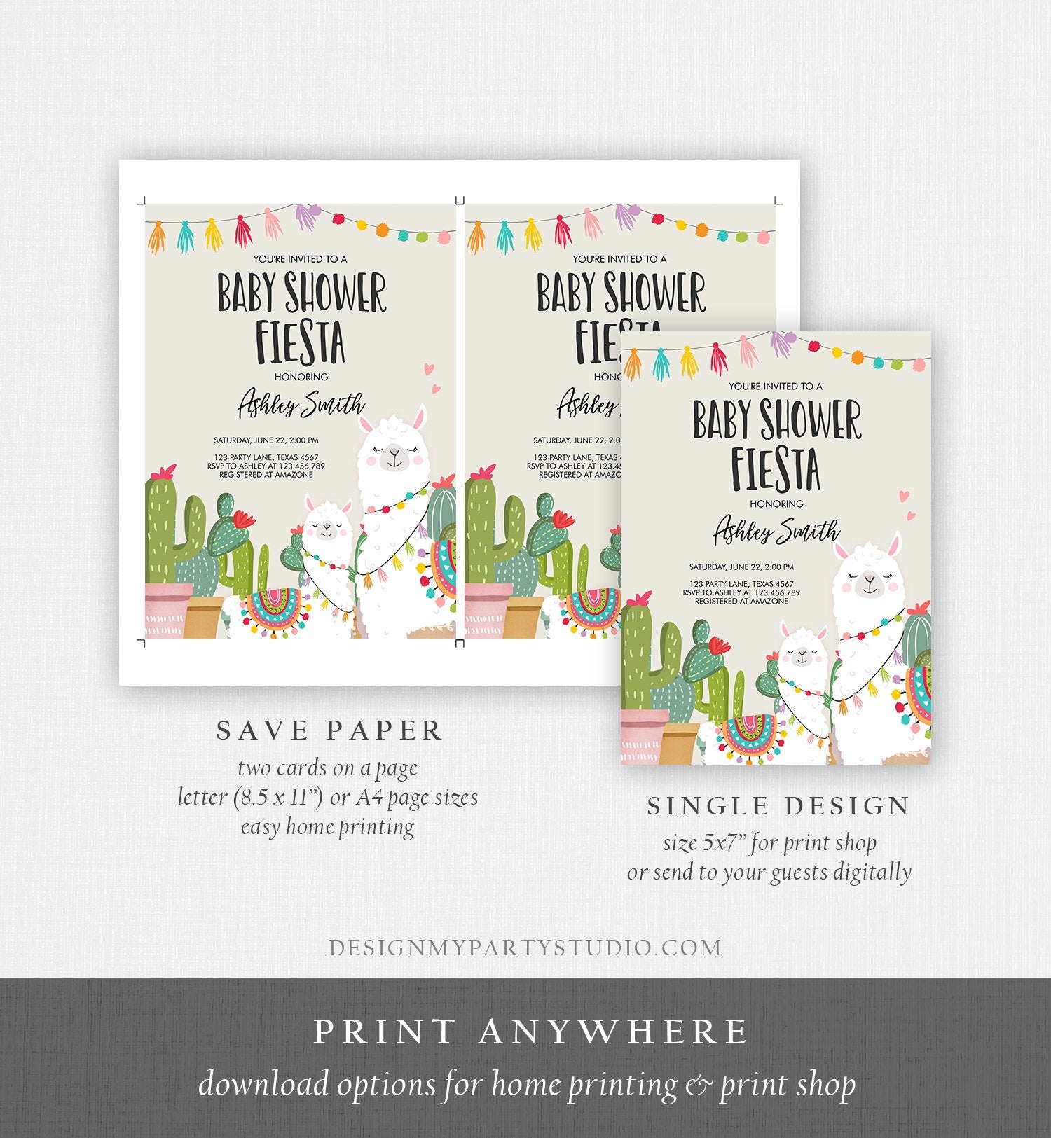 Editable Llama Baby Shower Invitation Alpaca Fiesta Shower Cactus Mexican Coed Couples Shower Download Printable Corjl Template Digital 0079