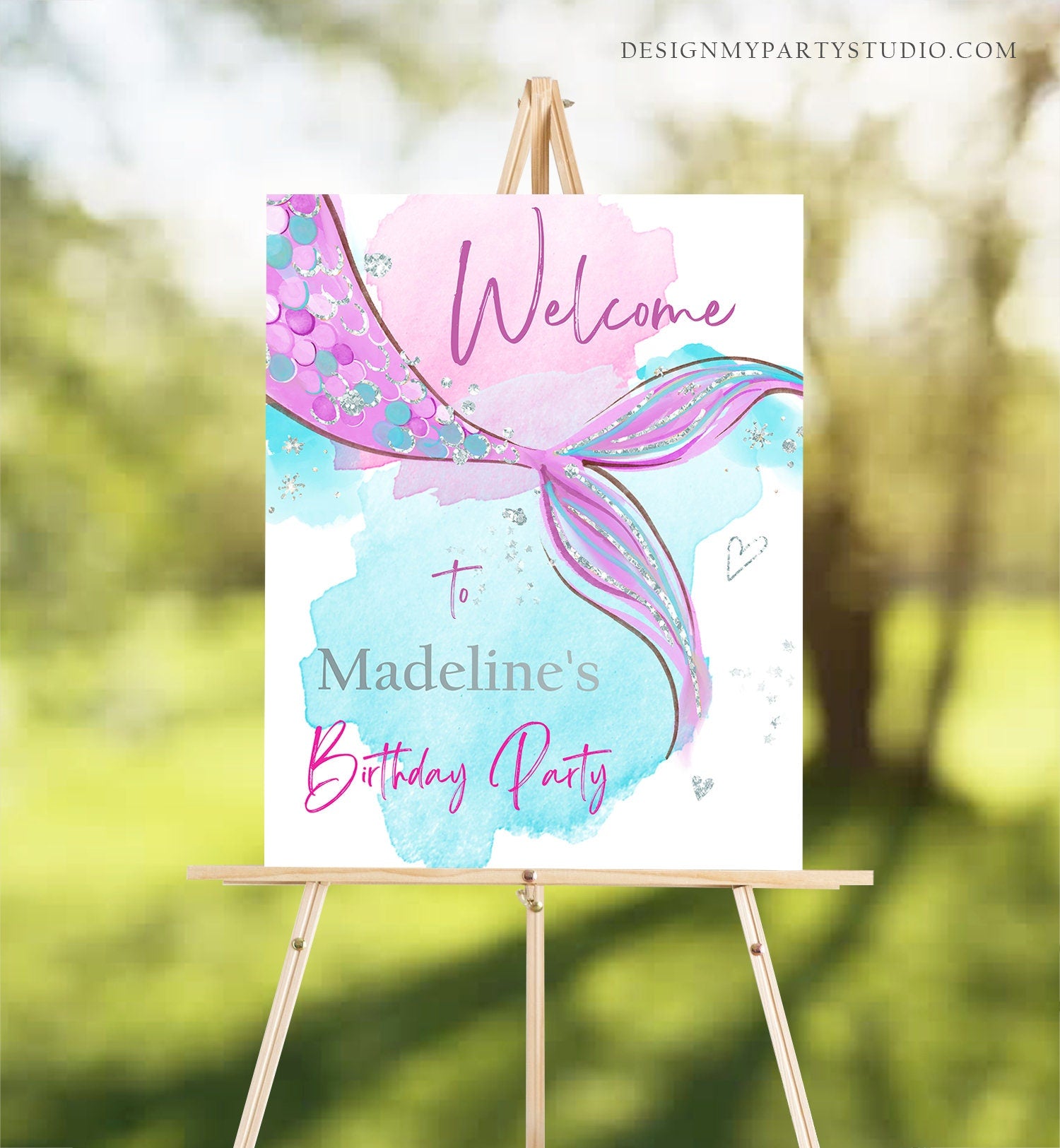 Editable Mermaid Welcome Sign Mermaid Birthday Sign Mermaid Tail Birthday Decor Welcome Under The Sea Silver Template Corjl PRINTABLE 0403