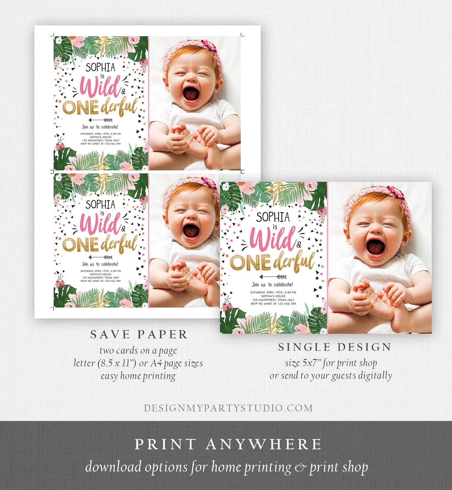 Editable Wild and Onederful Birthday Invitation Girl Wild One Safari Tropical Pink Gold First Birthday Digital Template Printable 0332