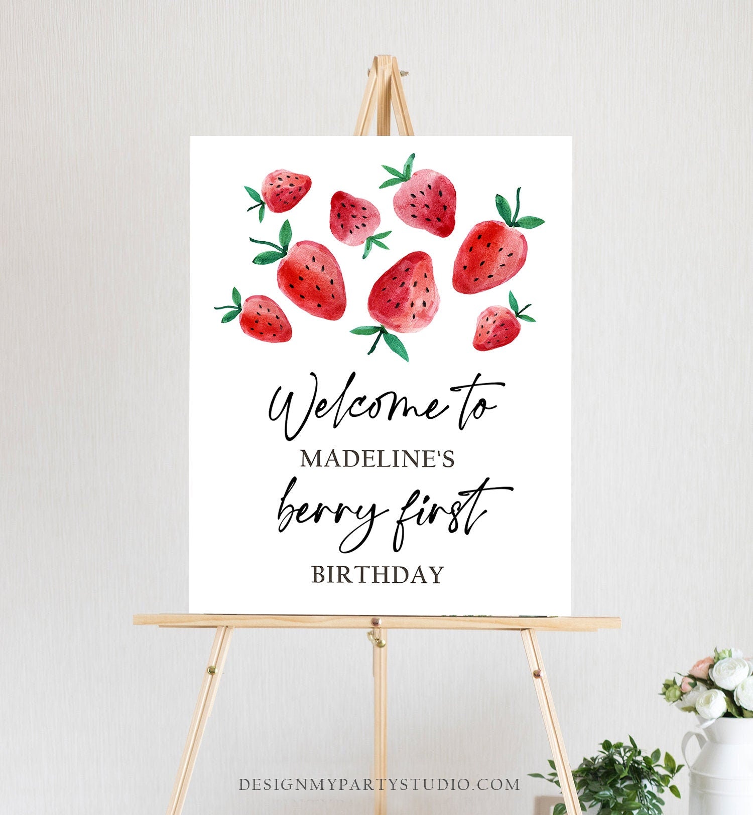 Editable Strawberry Welcome Sign Strawberry Birthday Party Welcome Farmers Market Girl Berry First Watercolor Template PRINTABLE Corjl 0399