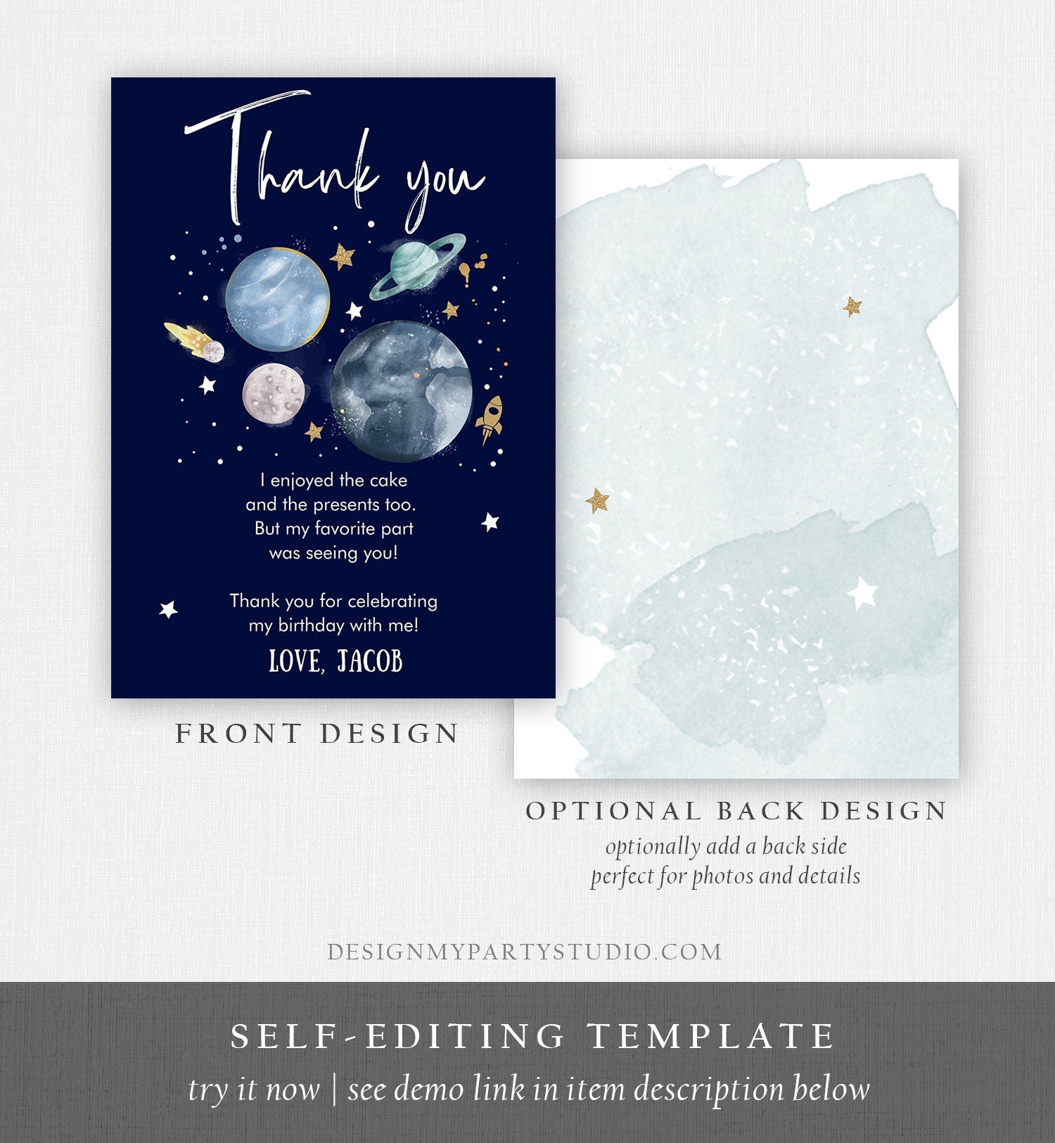 Editable Space Birthday Thank You Card Space Astronaut To the Moon Galaxy Thank You Note Download Printable Template Digital Corjl 0357