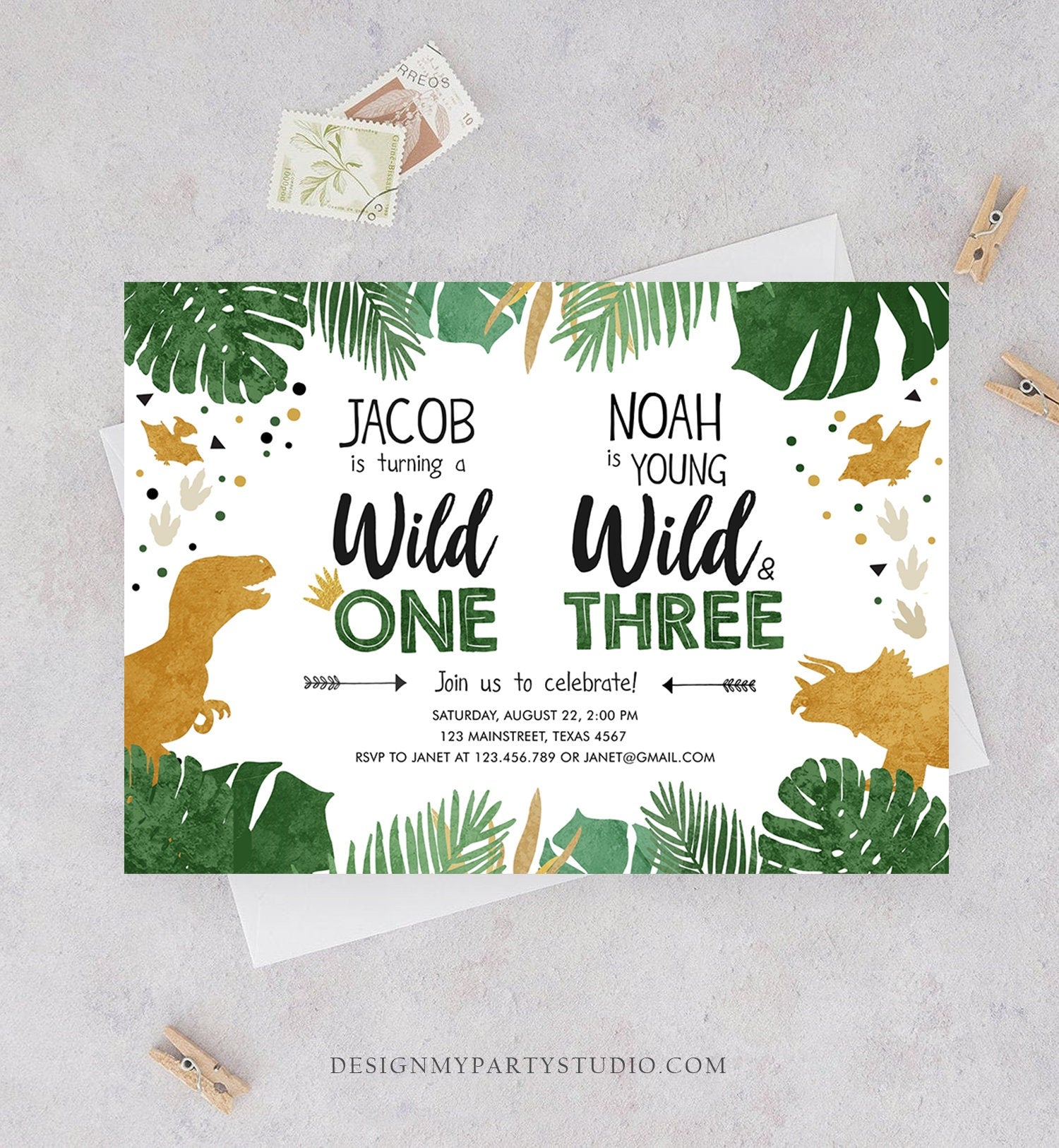 Editable Wild One Wild and Three Three-Rex Dinosaur Birthday Invitation Dino T-Rex First Third Boy Joint Party Gold Corjl Template 0146