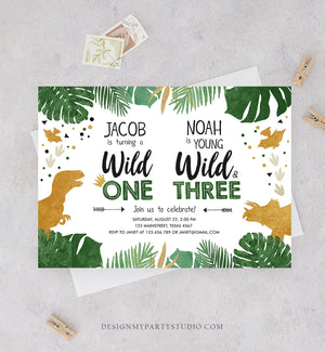 Editable Wild One Wild and Three Three-Rex Dinosaur Birthday Invitation Dino T-Rex First Third Boy Coed Joint Gold Corjl Template 0146