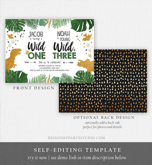 Editable Wild One Wild and Three Three-Rex Dinosaur Birthday Invitation Dino T-Rex First Third Boy Coed Joint Gold Corjl Template 0146