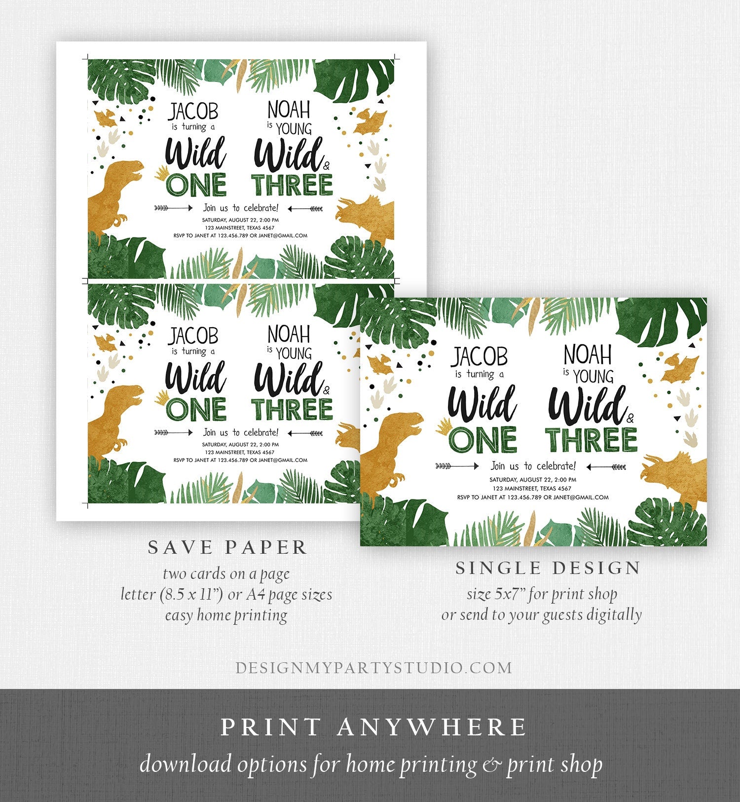 Editable Wild One Wild and Three Three-Rex Dinosaur Birthday Invitation Dino T-Rex First Third Boy Joint Party Gold Corjl Template 0146