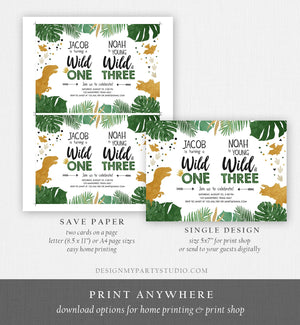 Editable Wild One Wild and Three Three-Rex Dinosaur Birthday Invitation Dino T-Rex First Third Boy Coed Joint Gold Corjl Template 0146