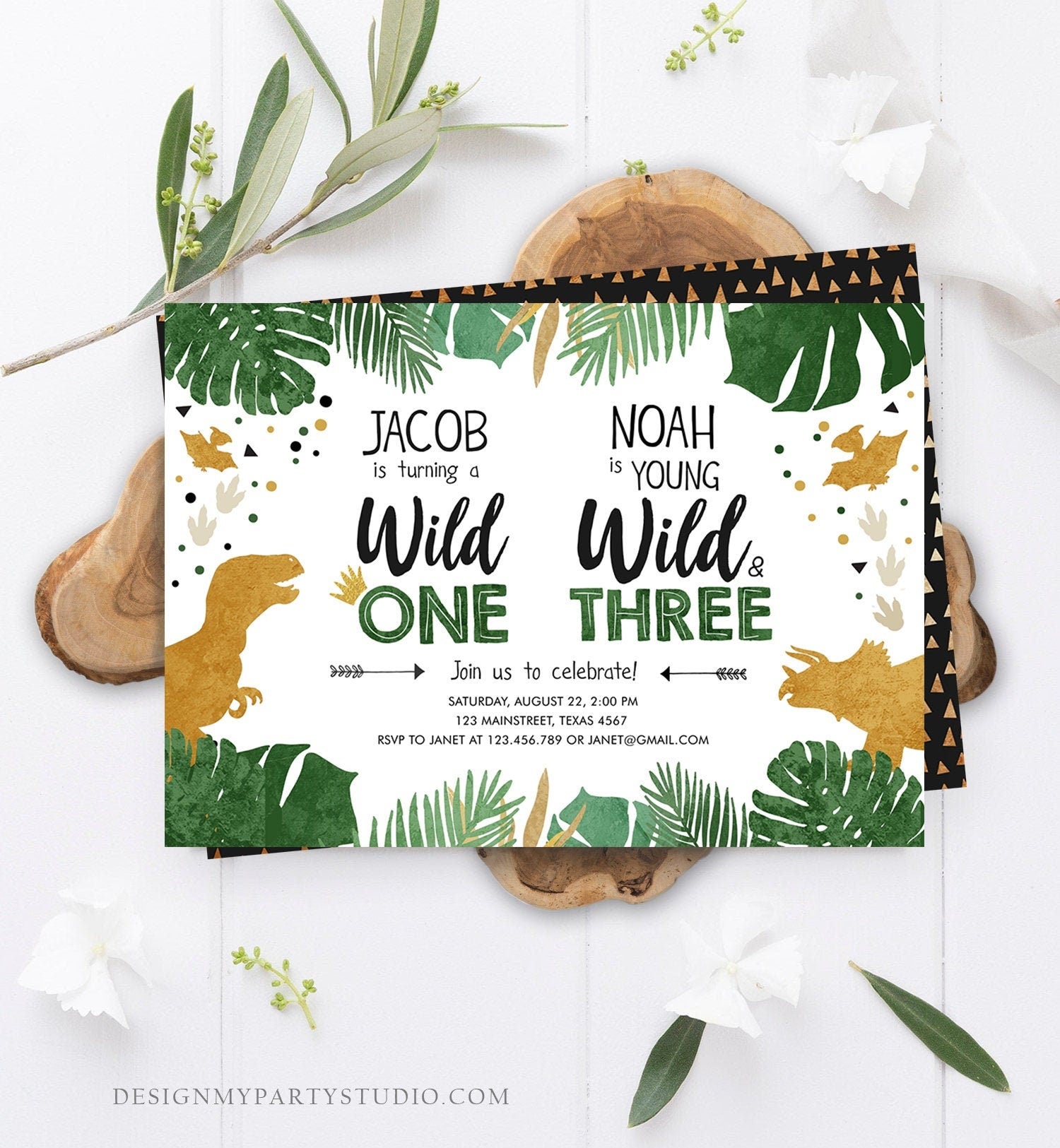 Editable Wild One Wild and Three Three-Rex Dinosaur Birthday Invitation Dino T-Rex First Third Boy Joint Party Gold Corjl Template 0146