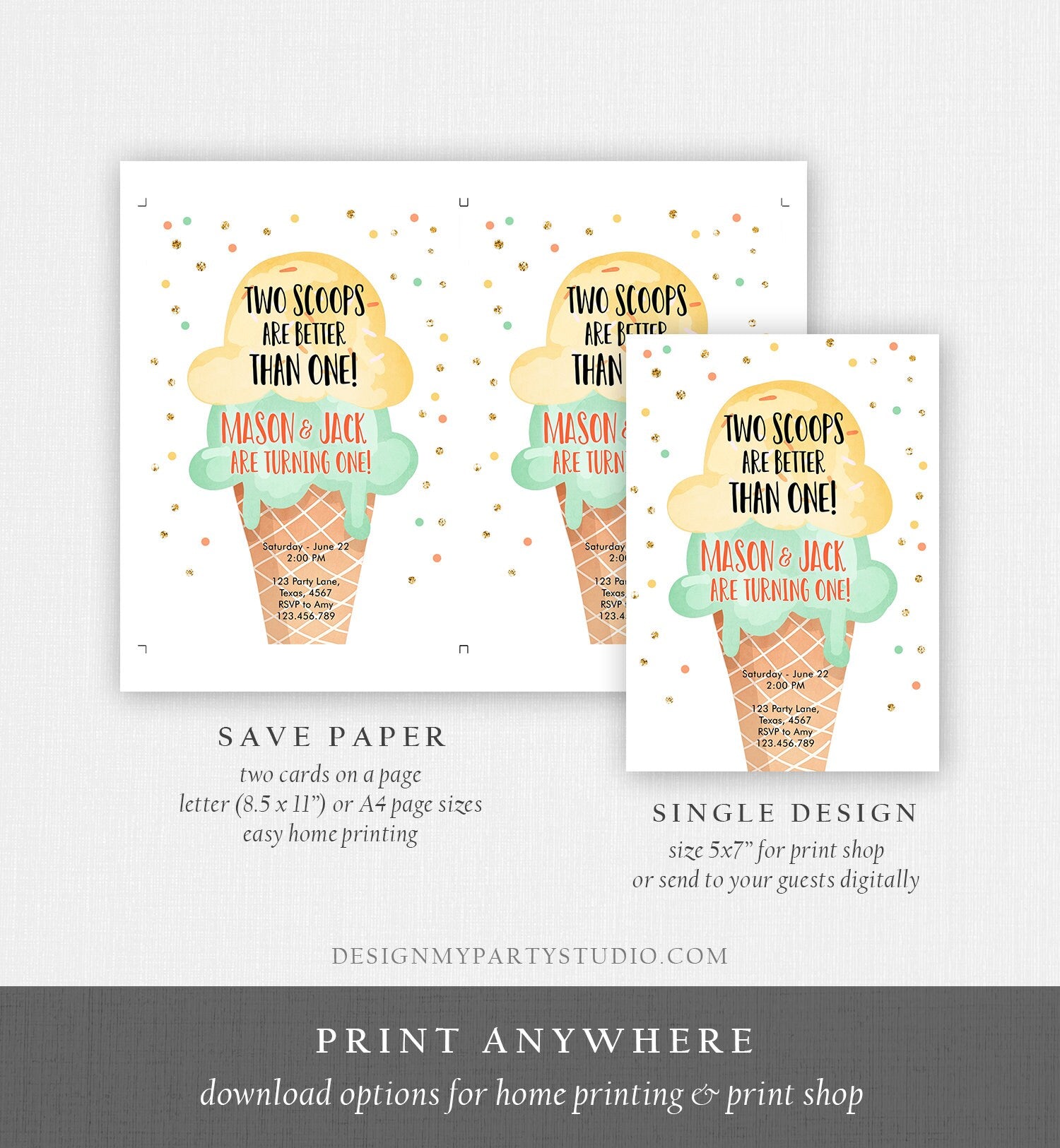 Editable Twin Ice Cream Birthday Invitation First Birthday Two is Better Than One Yellow Mint Gold Boy Neutral Printable Template Corjl 0243