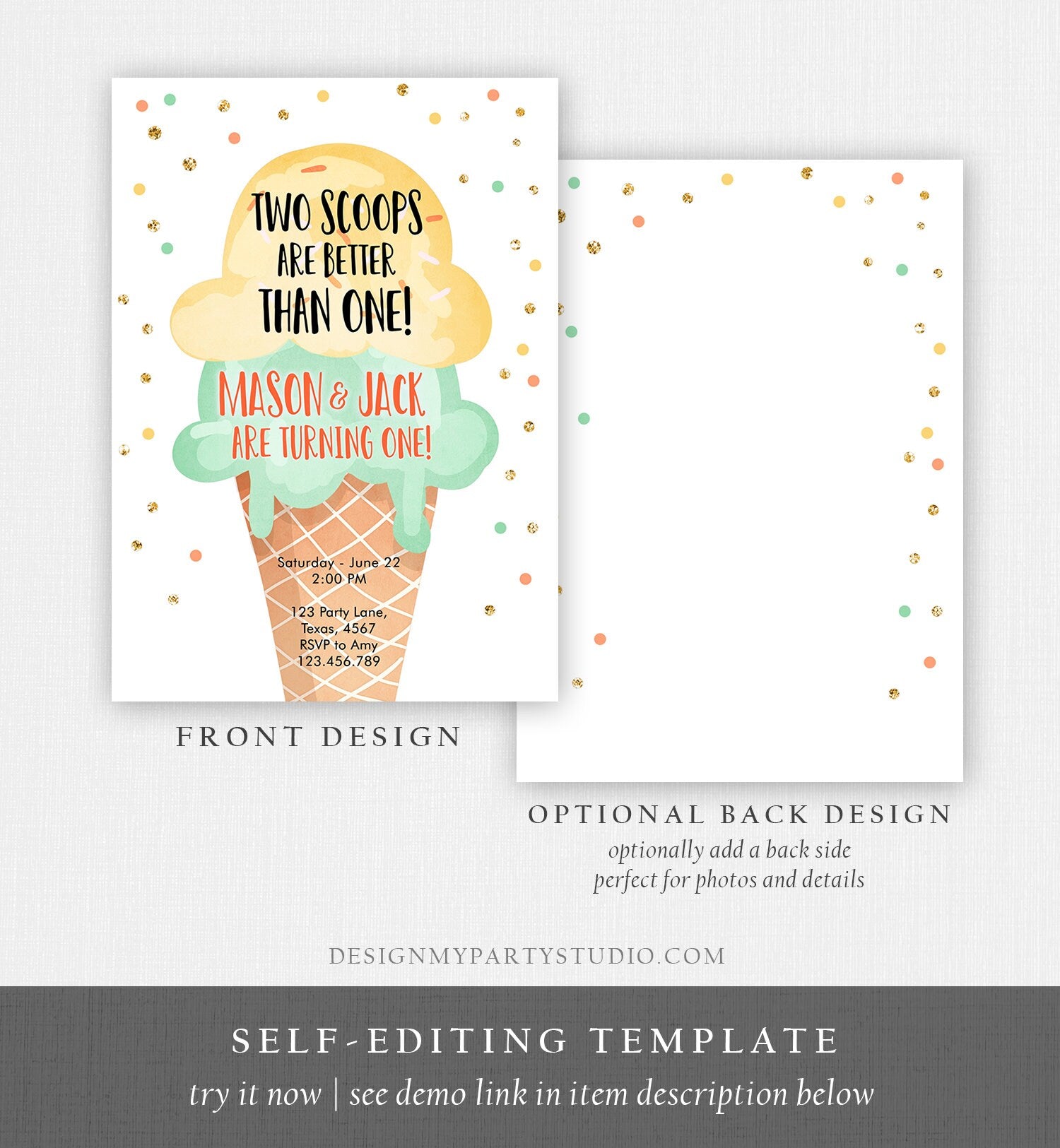 Editable Twin Ice Cream Birthday Invitation First Birthday Two is Better Than One Yellow Mint Gold Boy Neutral Printable Template Corjl 0243