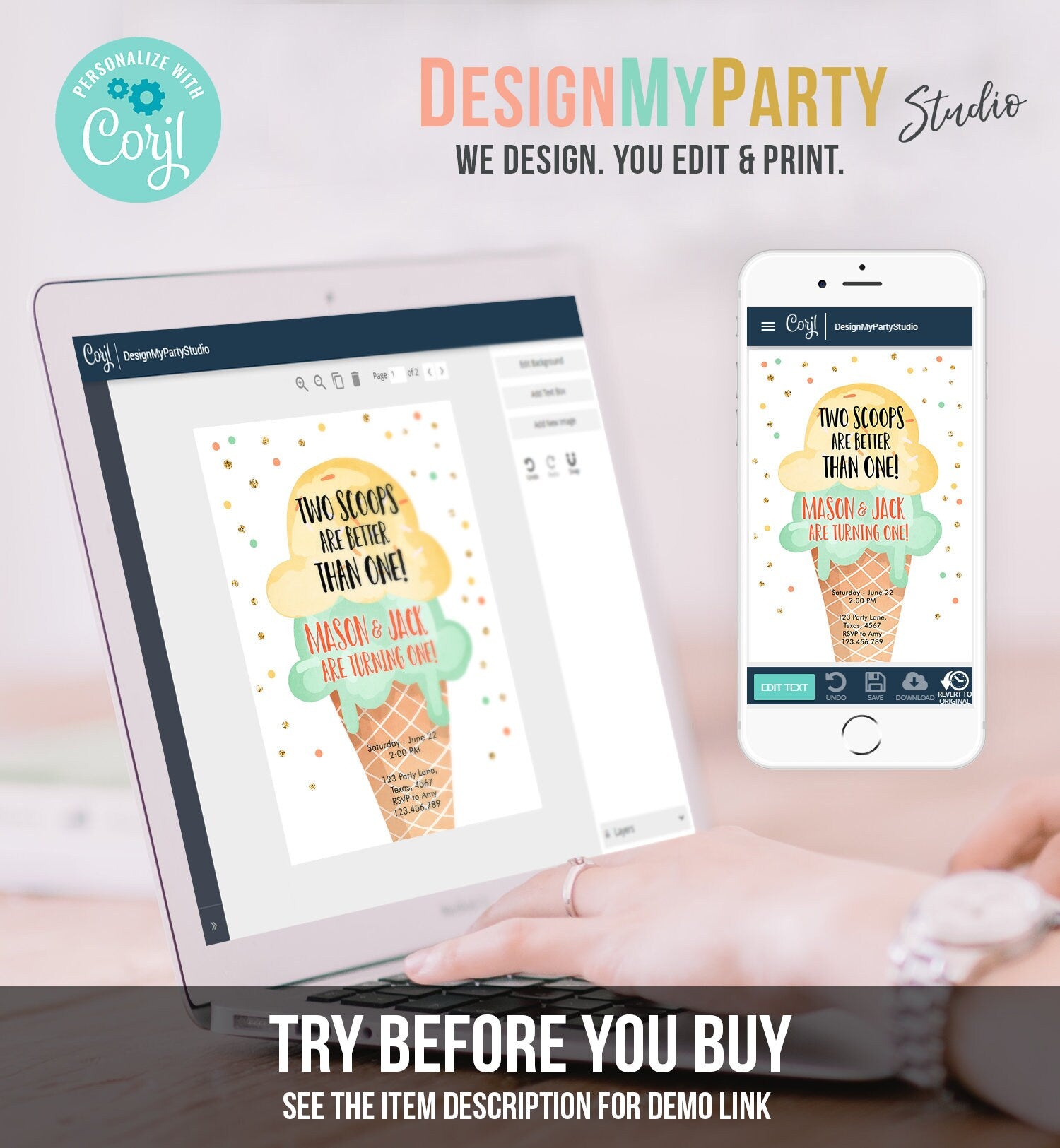 Editable Twin Ice Cream Birthday Invitation First Birthday Two is Better Than One Yellow Mint Gold Boy Neutral Printable Template Corjl 0243