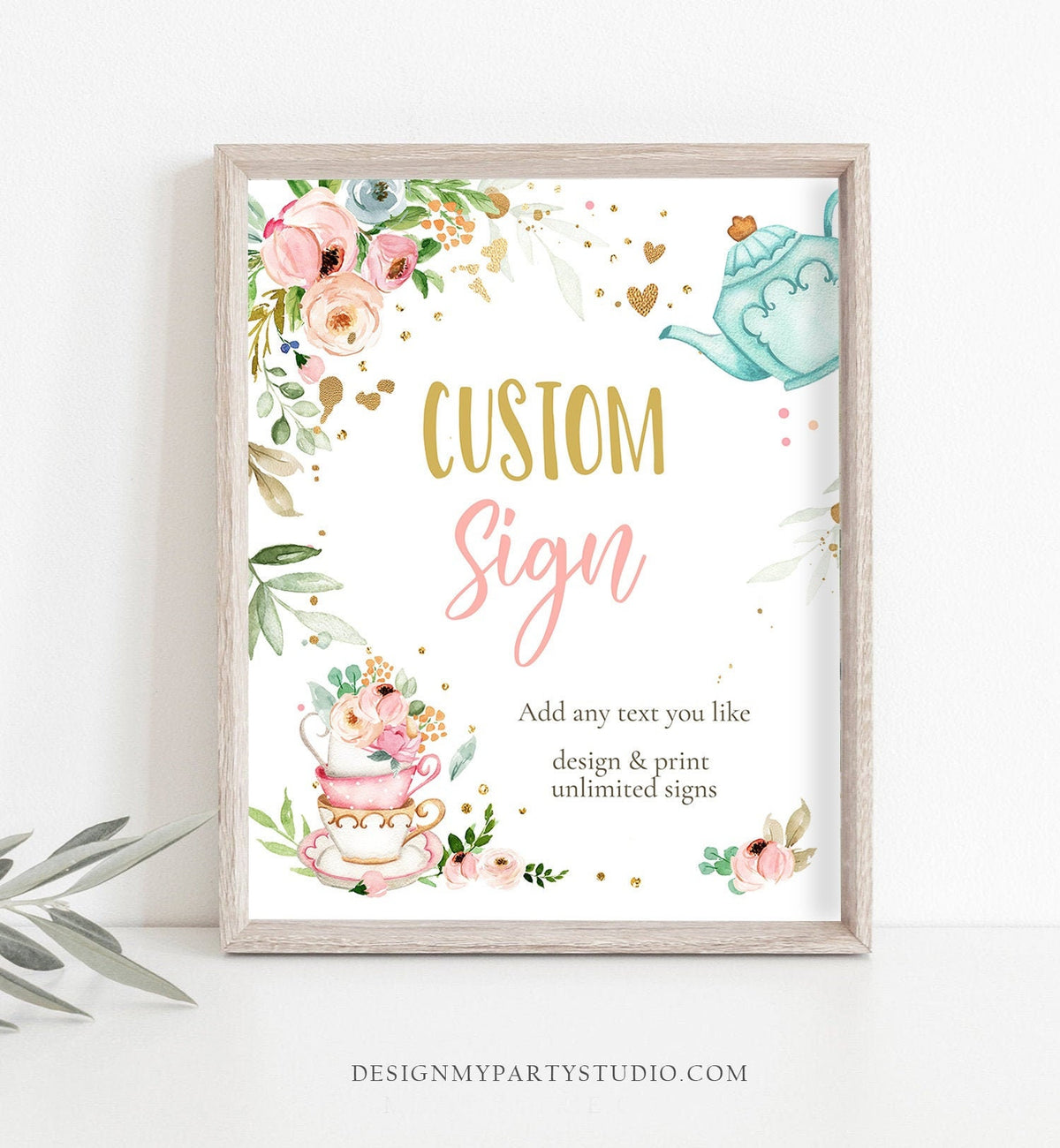 Editable Custom Tea Party Sign Baby Shower Baby is Brewing Floral Pink Gold Whimsical Girl Table Sign 8x10 Corjl Template Printable 0349