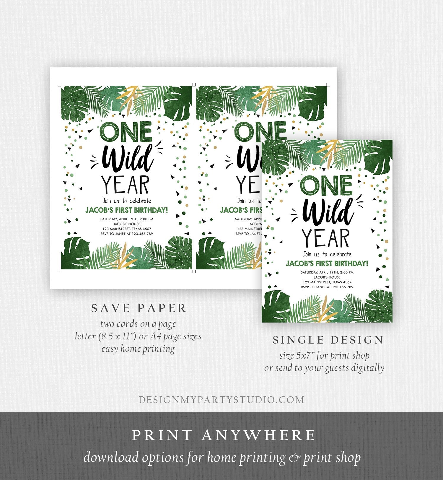 Editable One Wild Year Birthday Invitation Boy Tropical Safari Pink Jungle Wild One Wild Child Gold Download Corjl Template Printable 0332