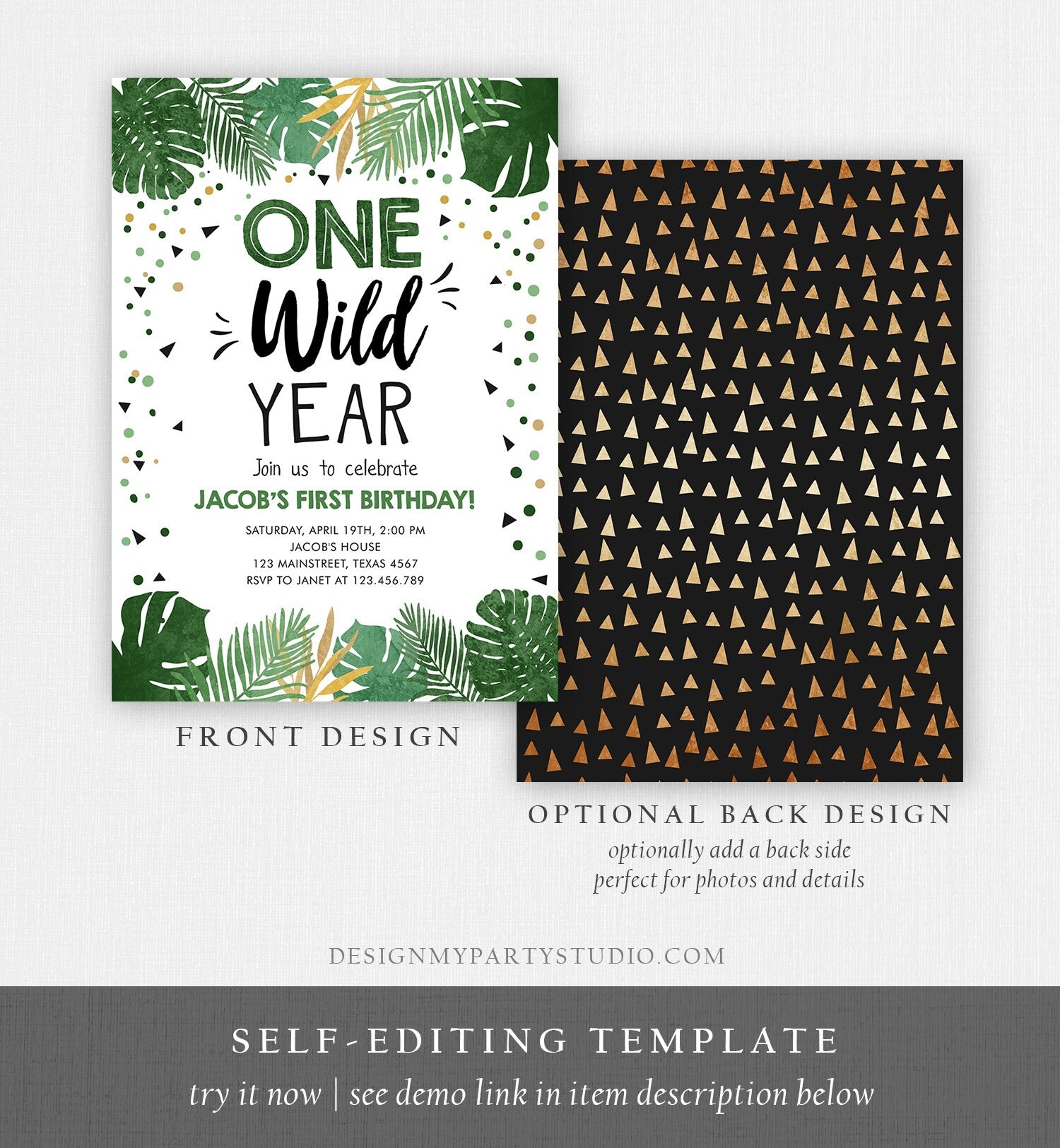 Editable One Wild Year Birthday Invitation Boy Tropical Safari Pink Jungle Wild One Wild Child Gold Download Corjl Template Printable 0332