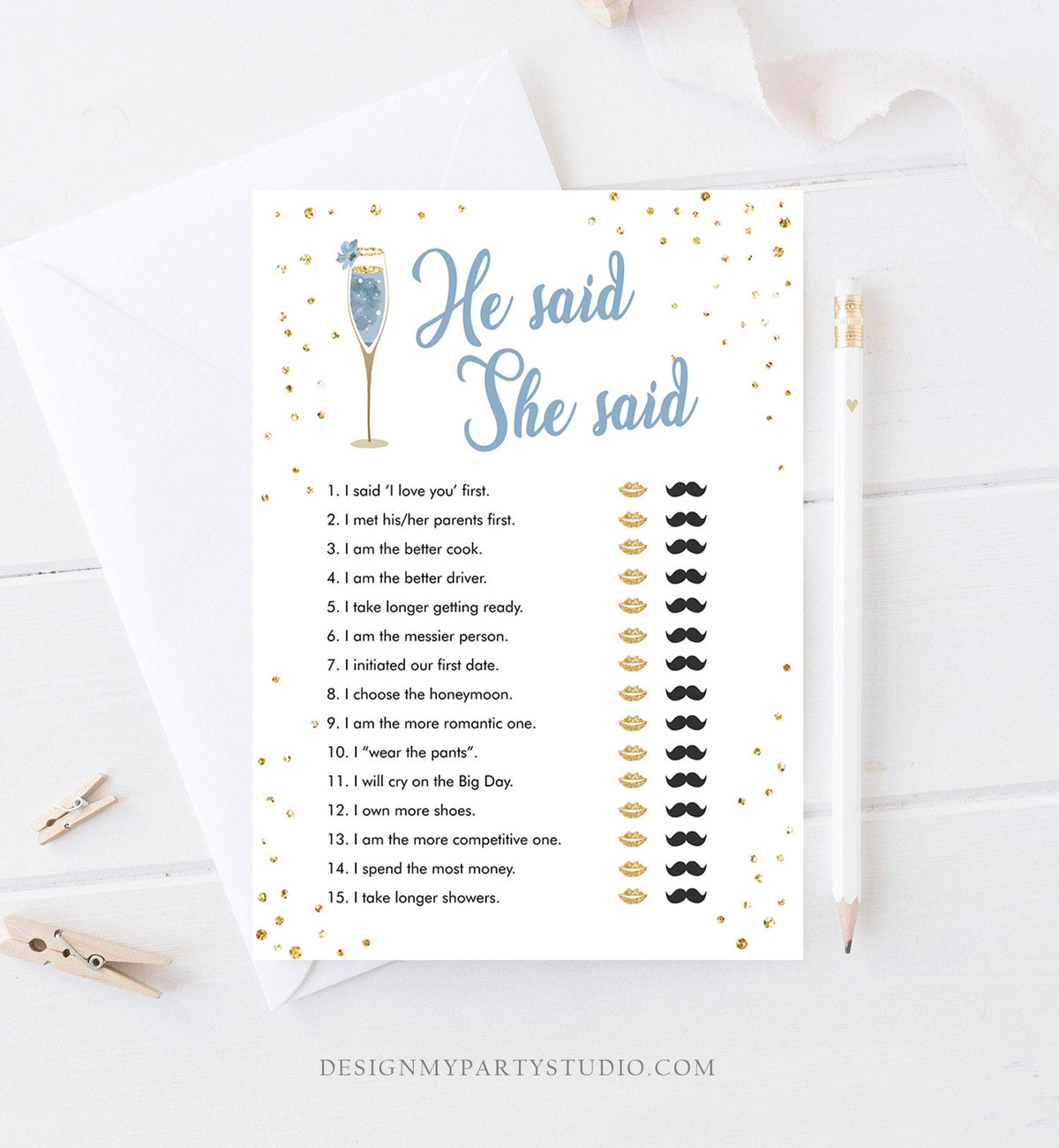 Editable He Said She Said Bridal Shower Game Brunch and Bubbly Bride or Groom Wedding Shower Activity Gold Corjl Template Printable 0150