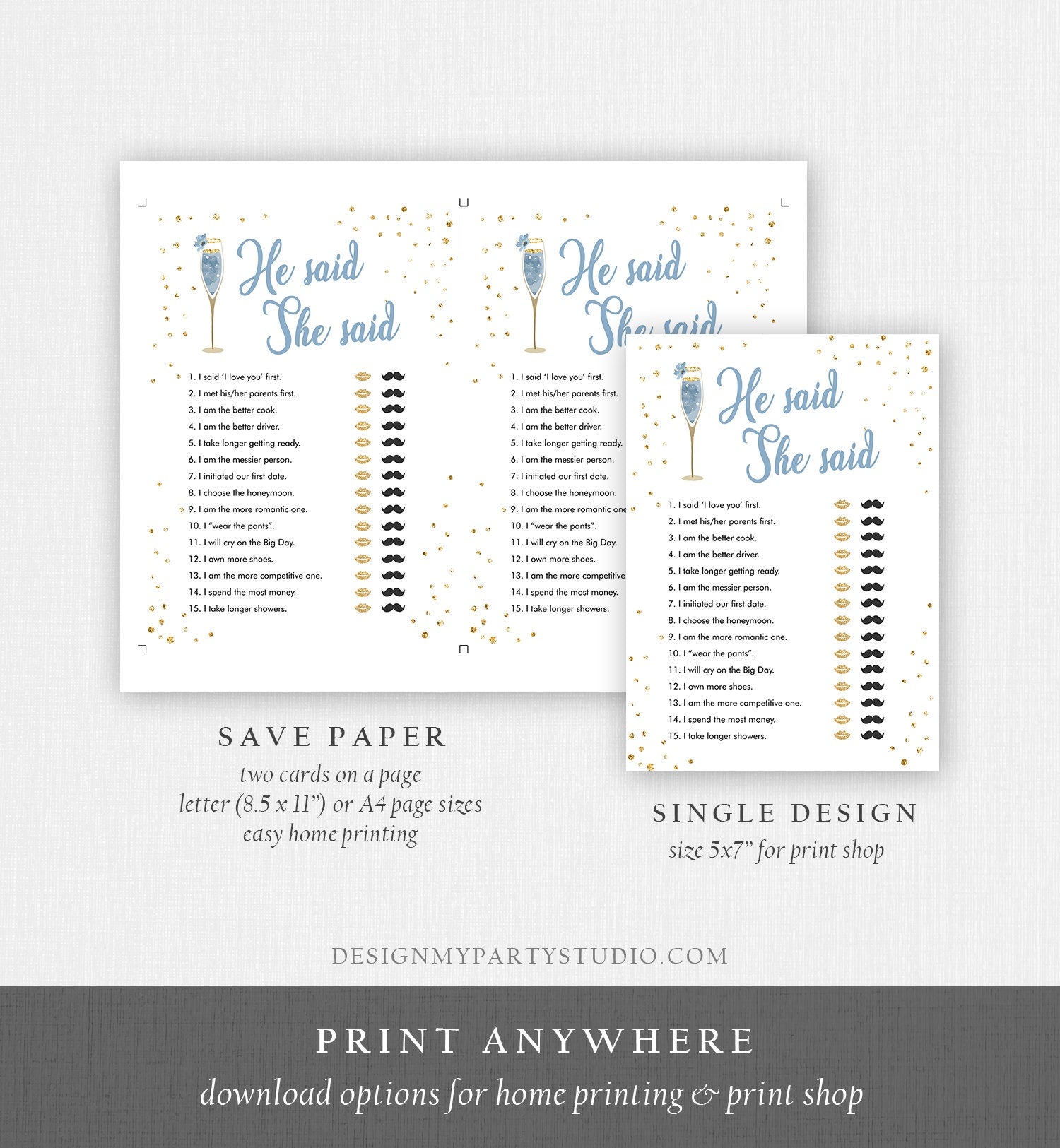 Editable He Said She Said Bridal Shower Game Brunch and Bubbly Bride or Groom Wedding Shower Activity Gold Corjl Template Printable 0150