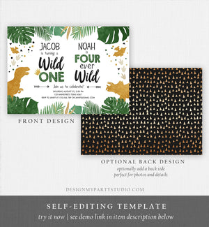 Editable Wild One Four Ever Wild Three-Rex Dinosaur Birthday Invitation Dino T-Rex First Fourth Boy Coed Joint Gold Corjl Template 0146