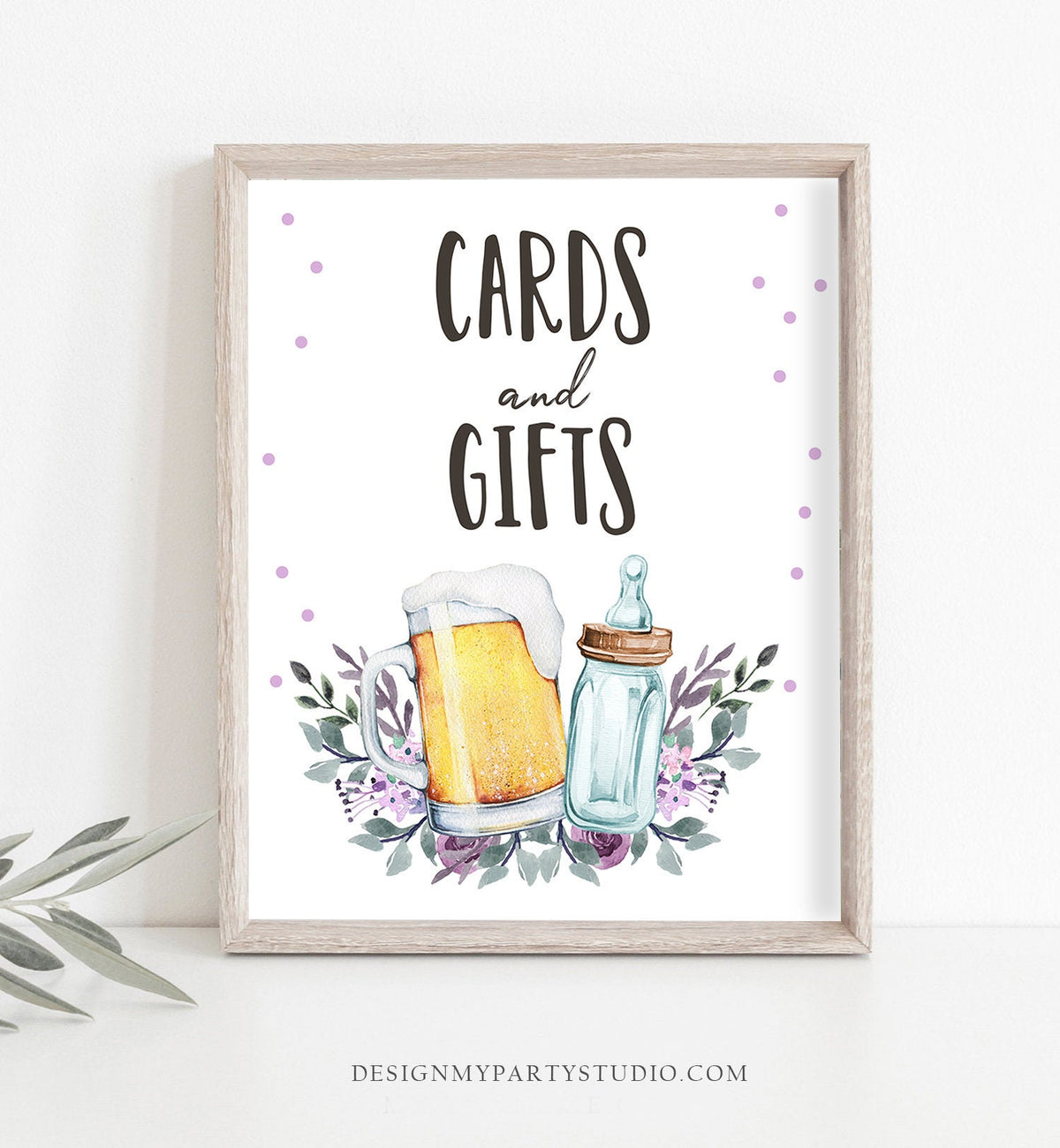 Cards And Gifts Sign Table Decor Baby is Brewing Sign Gift Table Bottles and Beers Greenery Purple Table Sign Gender Neutral Printable 0190