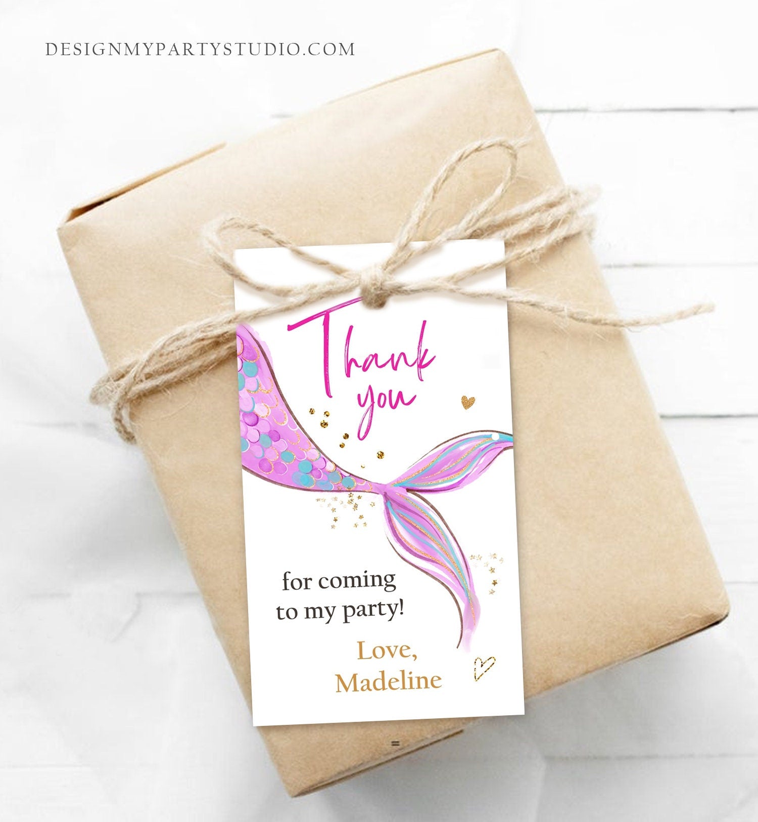 Editable Mermaid Birthday Favor Tags Under The Sea Thank you tags Mermaid Party Girl Pink Purple Gold Download Template Corjl PRINTABLE 0403