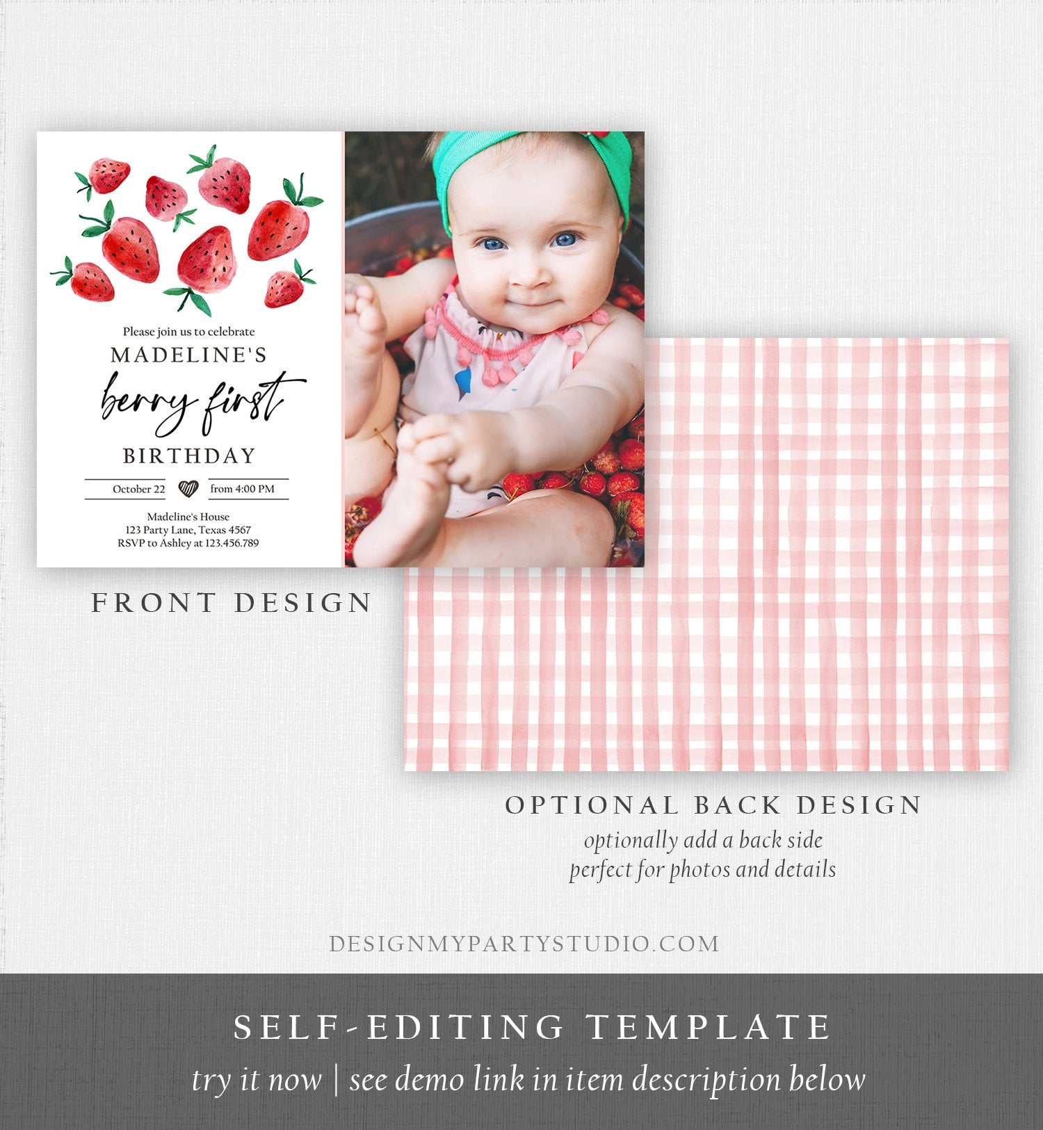 Editable Strawberry Birthday Invitation First Birthday Berry Sweet Girl Cute Strawberries 1st Download Printable Template Corjl Digital 0399