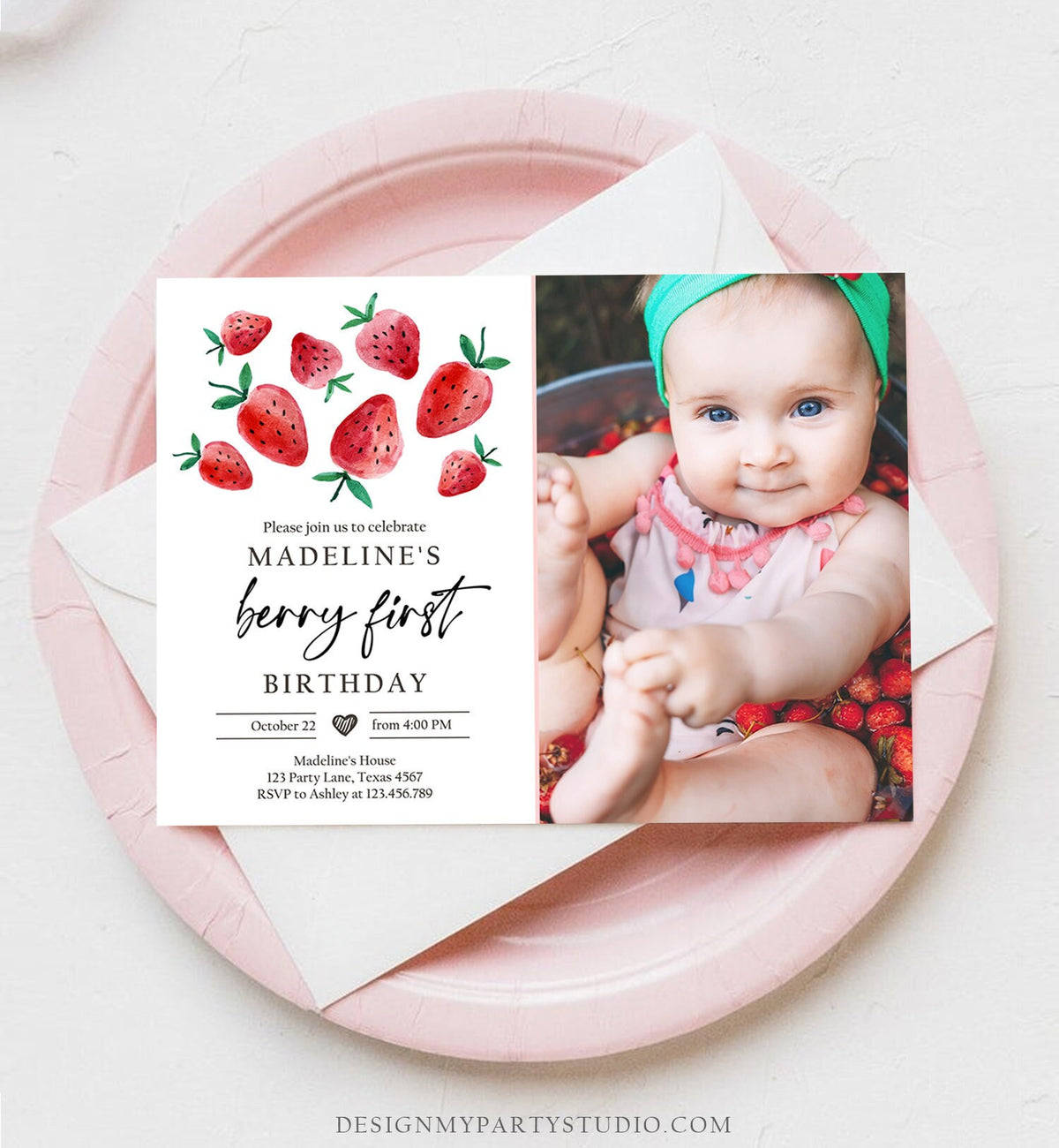 Editable Strawberry Birthday Invitation First Birthday Berry Sweet Girl Cute Strawberries 1st Download Printable Template Corjl Digital 0399