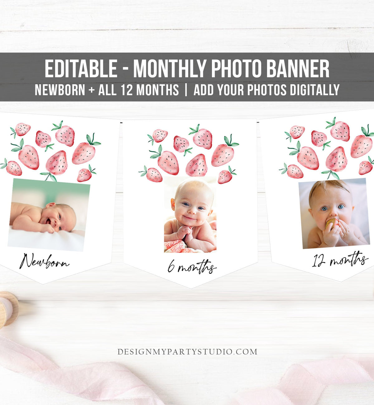 Editable Strawberry First Birthday Monthly Photo Banner Strawberry Birthday Farmers Market Berry First Download Template Printable 0399