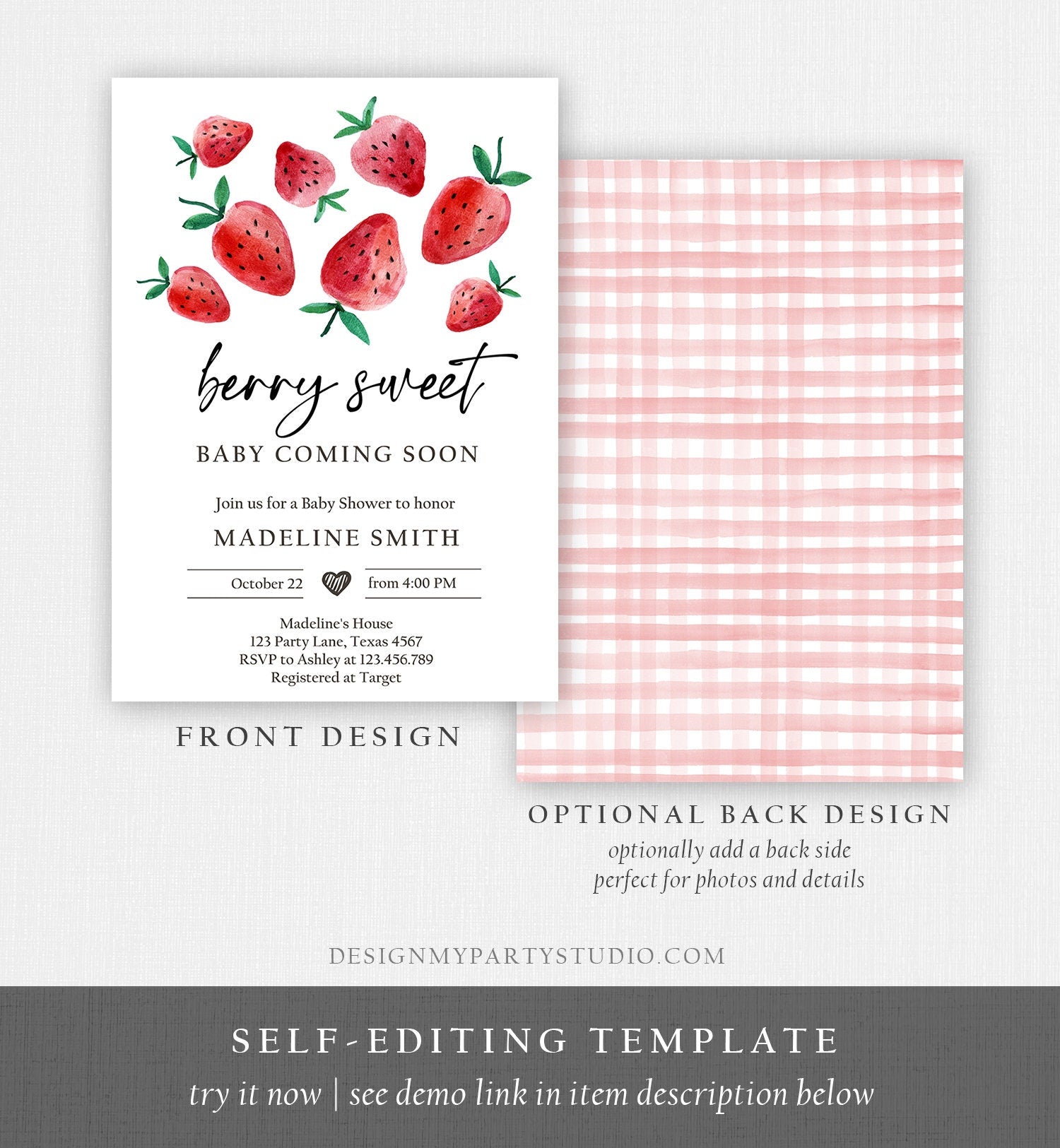 Editable Strawberry Baby Shower Invitation Cute Berry Sweet Baby Girl Strawberries Summer Download Printable Template Corjl Digital 0399