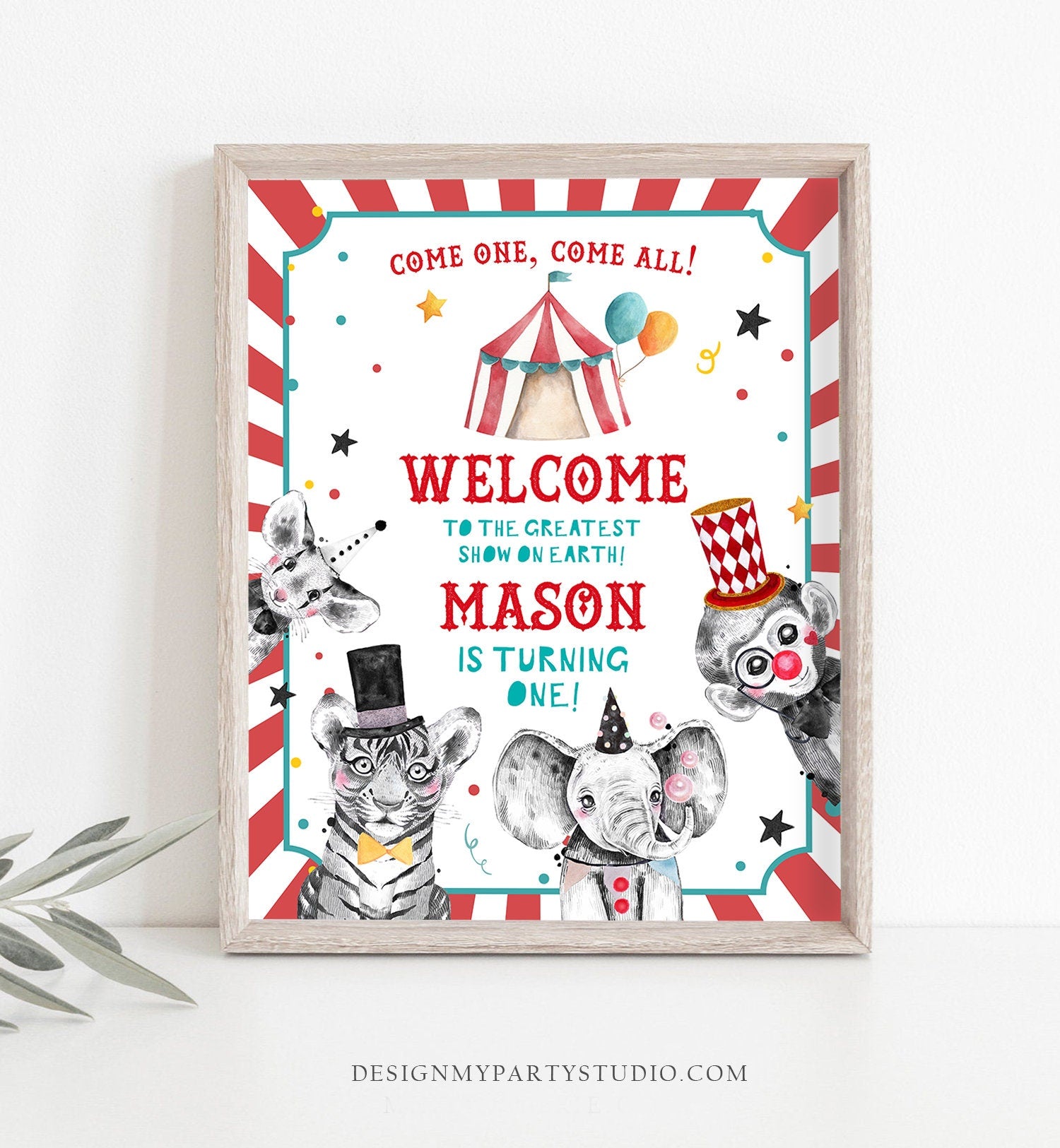 Editable Circus Welcome Sign Carousal Birthday Sign Carnival Welcome Boy Amusement Park Come One Come All Red Template PRINTABLE Corjl 0355