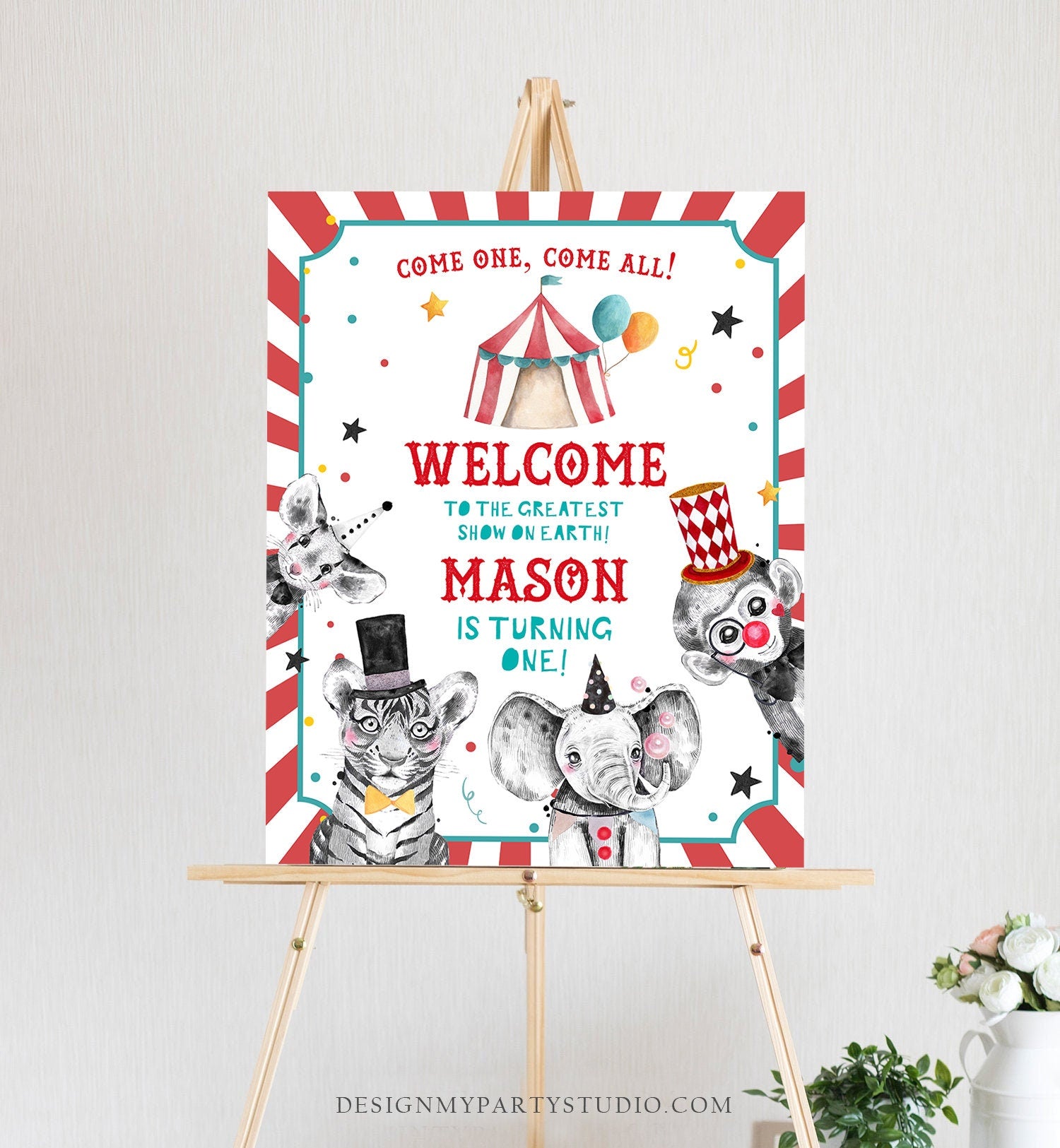 Editable Circus Welcome Sign Carousal Birthday Sign Carnival Welcome Boy Amusement Park Come One Come All Red Template PRINTABLE Corjl 0355