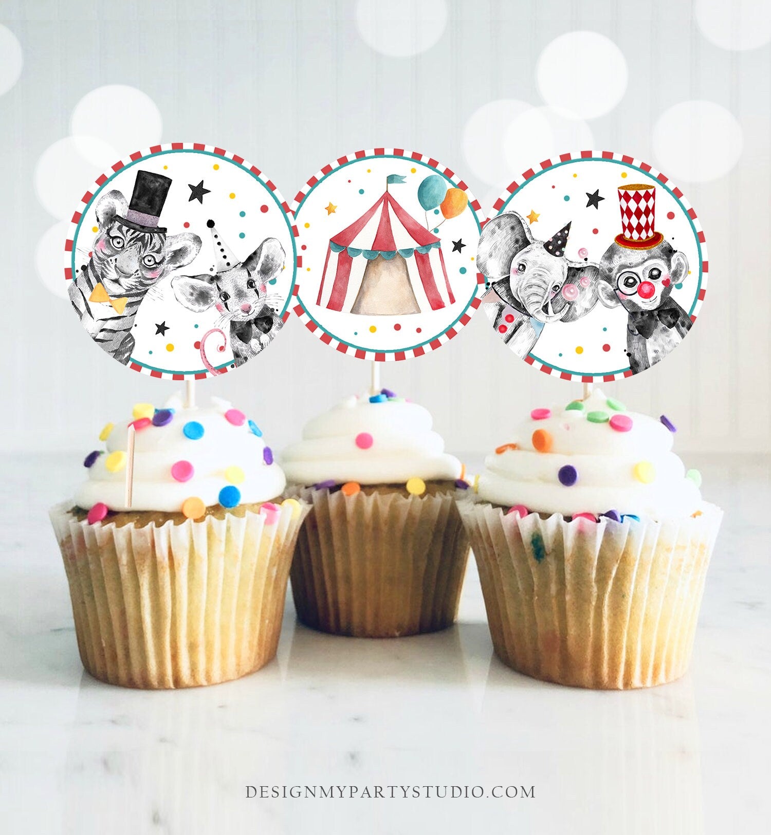 Circus Cupcake Toppers Favor Tags Circus Birthday Party Decor Carnival Circus Animals Big Top Carousel Download Digital PRINTABLE 0355