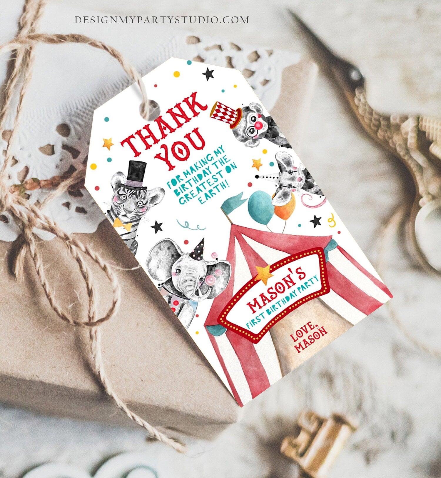 Editable Circus Thank You Tags Carnival Birthday Favor Tags Boy Vintage Circus Labels Big Top Party Download Printable Corjl Template 0355