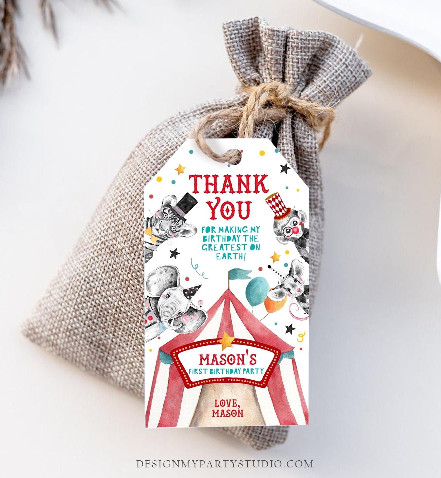 Editable Circus Thank You Tags Carnival Birthday Favor Tags Boy Vintage Circus Labels Big Top Party Download Printable Corjl Template 0355