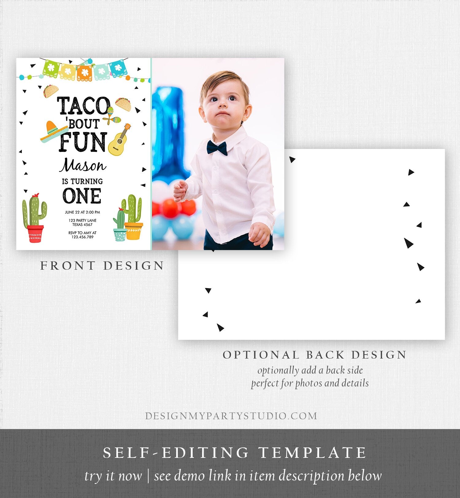 Editable Taco Bout Fun Birthday Invitation Boy First Fiesta Cactus Sombrero Blue Instant Download Printable Invitation Template Corjl 0161