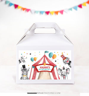 Editable Circus Gable Gift Box Label Carnival Favor Box Circus Birthday Treat Box Label Circus Theme Big Top Download Printable Corjl 0355