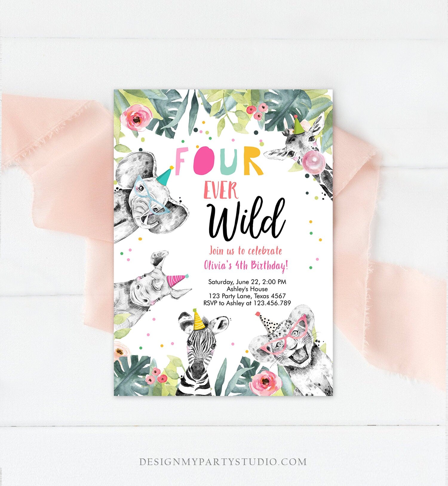 Editable Four Ever Wild Invitation Girl Pink and Gold Safari Animals Zoo Instant 4th Fourever Digital Download Evite Template Printable 0322